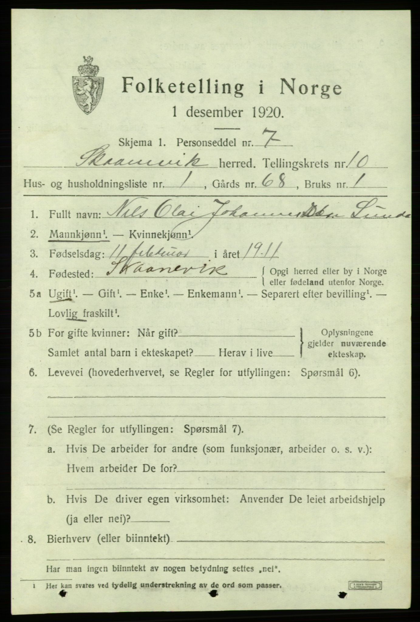 SAB, 1920 census for Skånevik, 1920, p. 5087