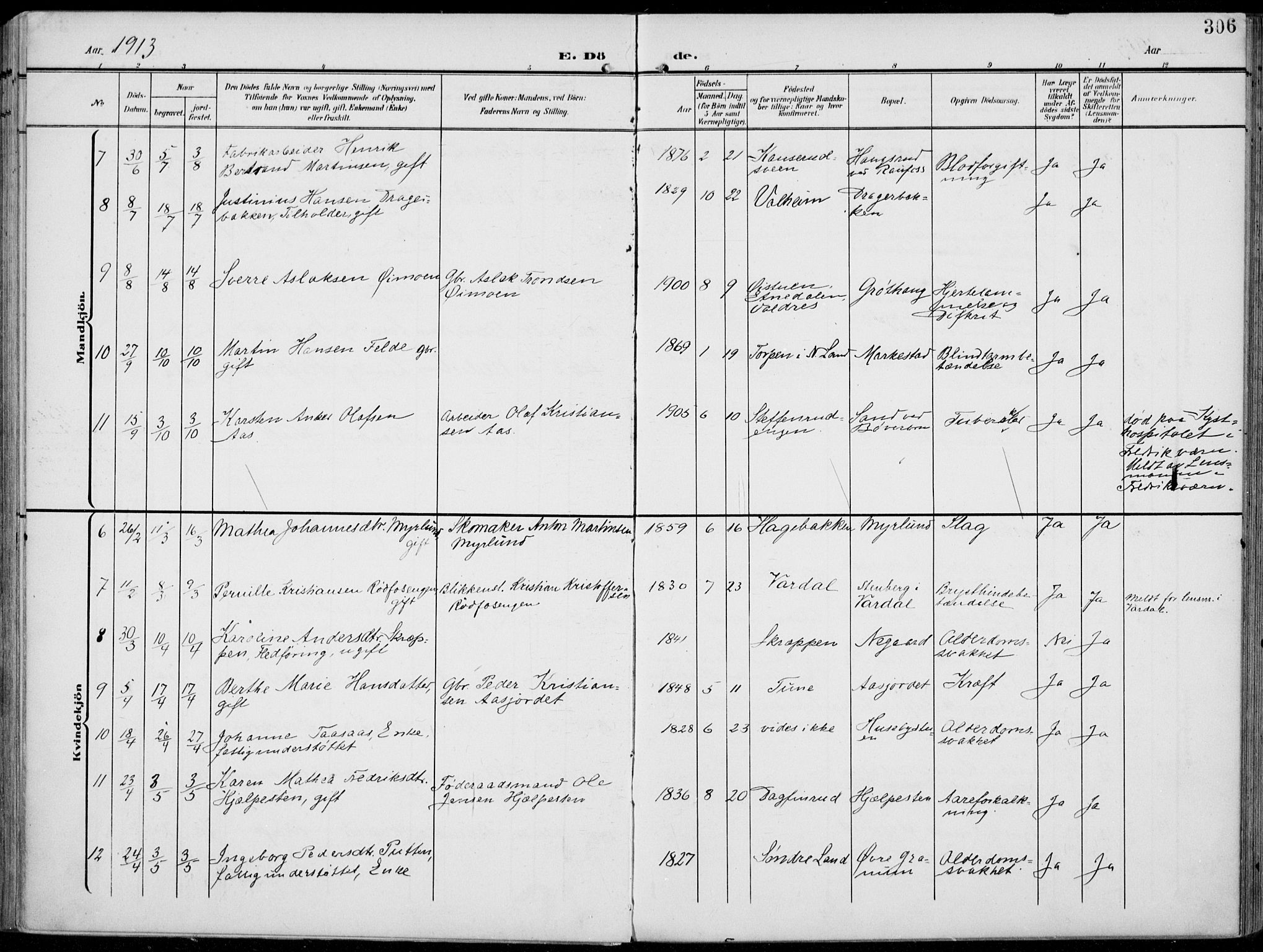 Vestre Toten prestekontor, AV/SAH-PREST-108/H/Ha/Haa/L0014: Parish register (official) no. 14, 1907-1920, p. 306