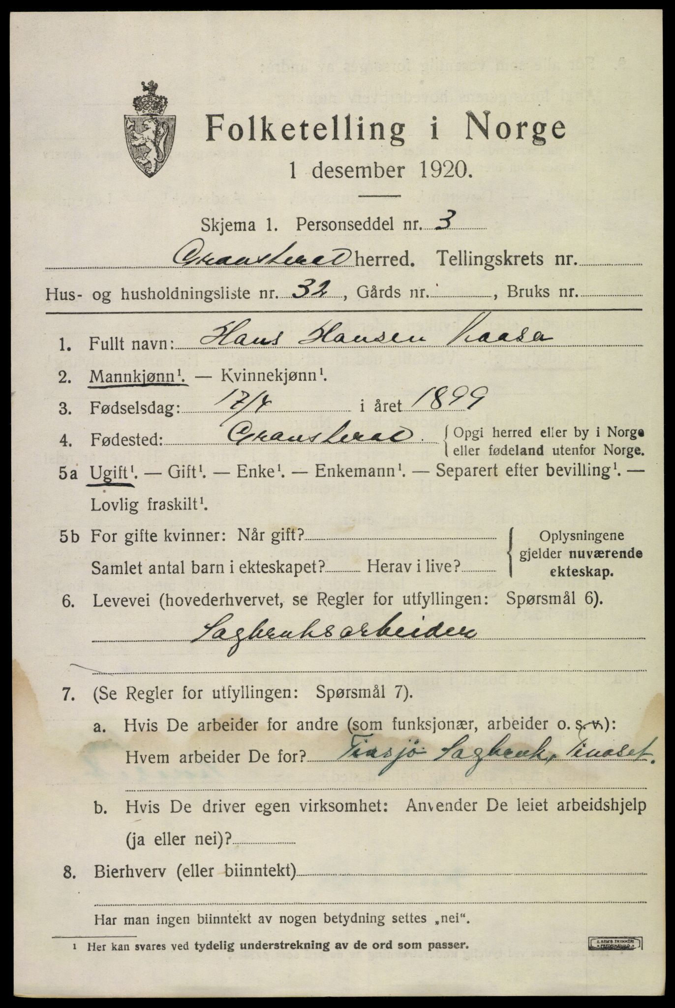 SAKO, 1920 census for Gransherad, 1920, p. 2706