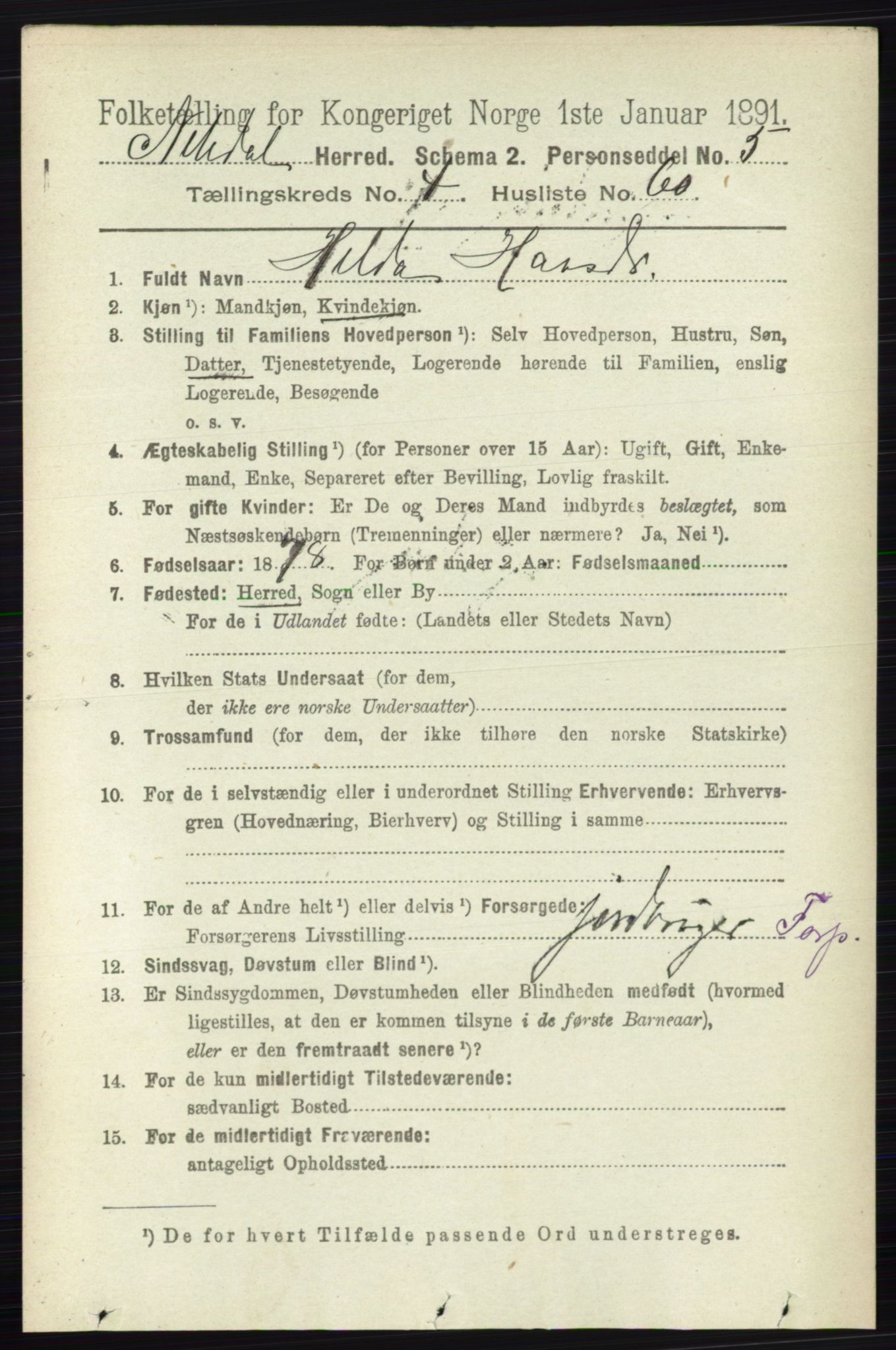 RA, 1891 census for 0233 Nittedal, 1891, p. 2031