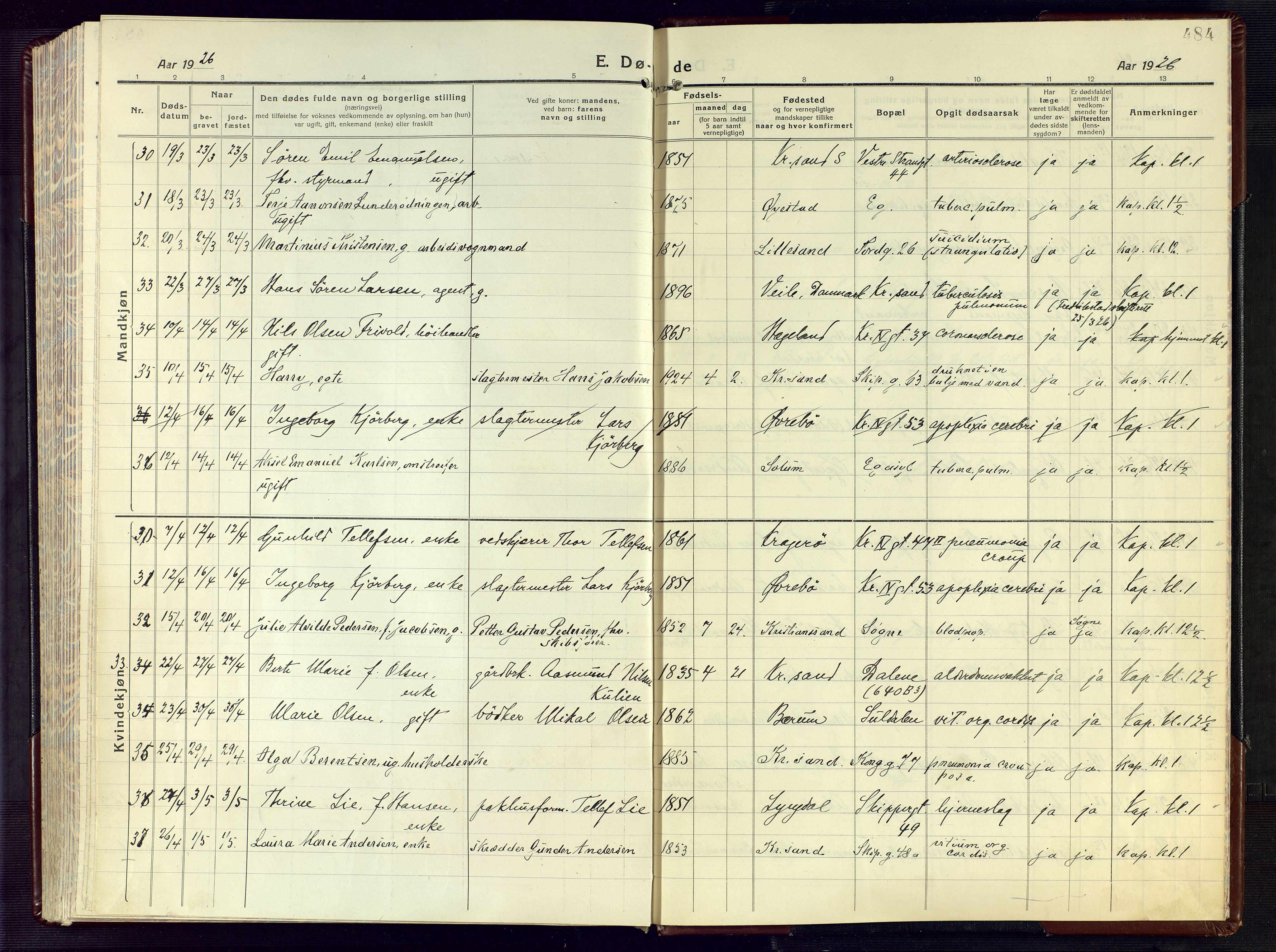 Kristiansand domprosti, AV/SAK-1112-0006/F/Fa/L0028: Parish register (official) no. A 27, 1917-1926, p. 484