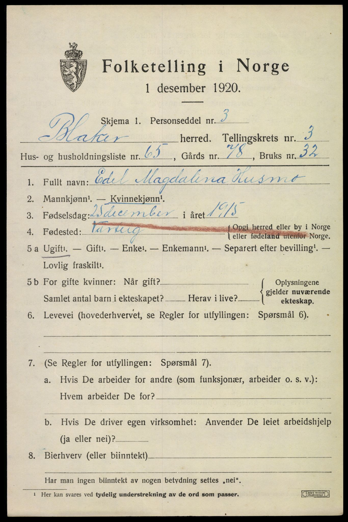 SAO, 1920 census for Blaker, 1920, p. 3067