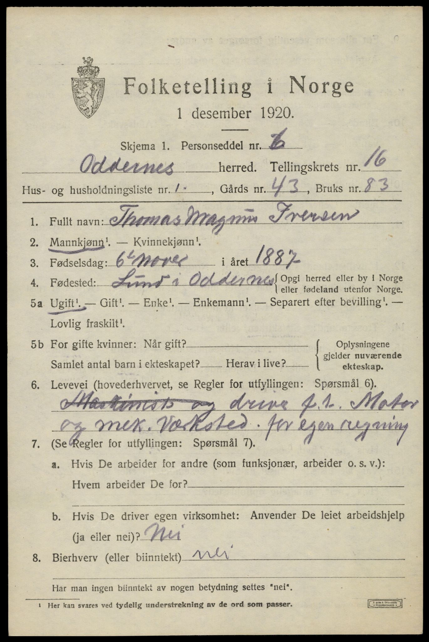 SAK, 1920 census for Oddernes, 1920, p. 11143