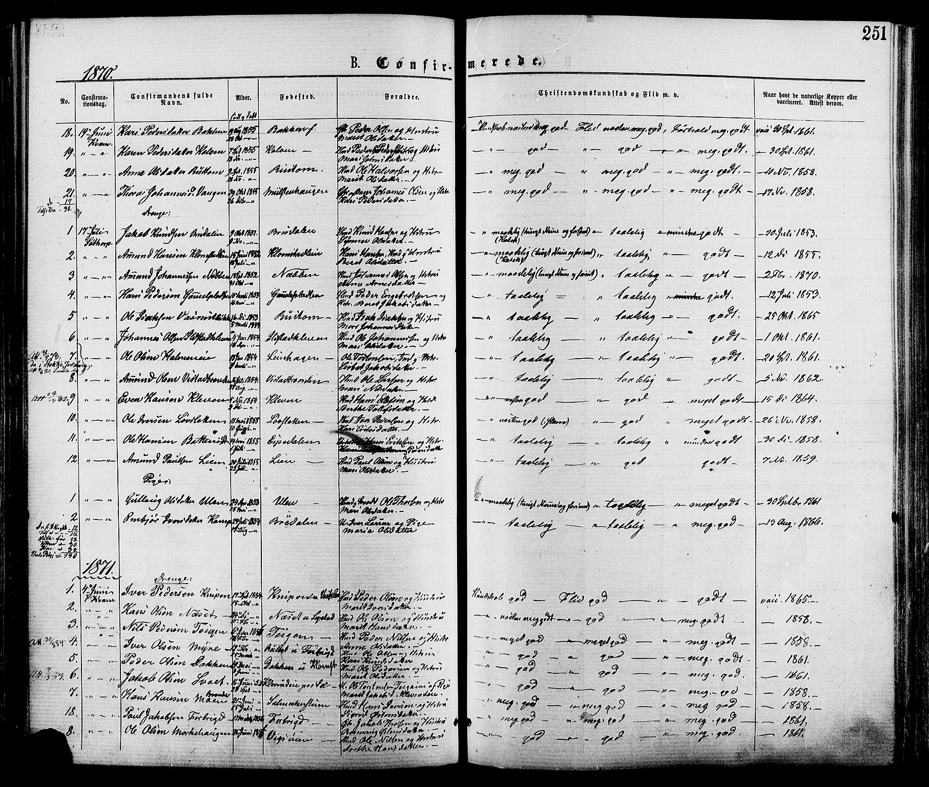 Nord-Fron prestekontor, SAH/PREST-080/H/Ha/Haa/L0002: Parish register (official) no. 2, 1865-1883, p. 251