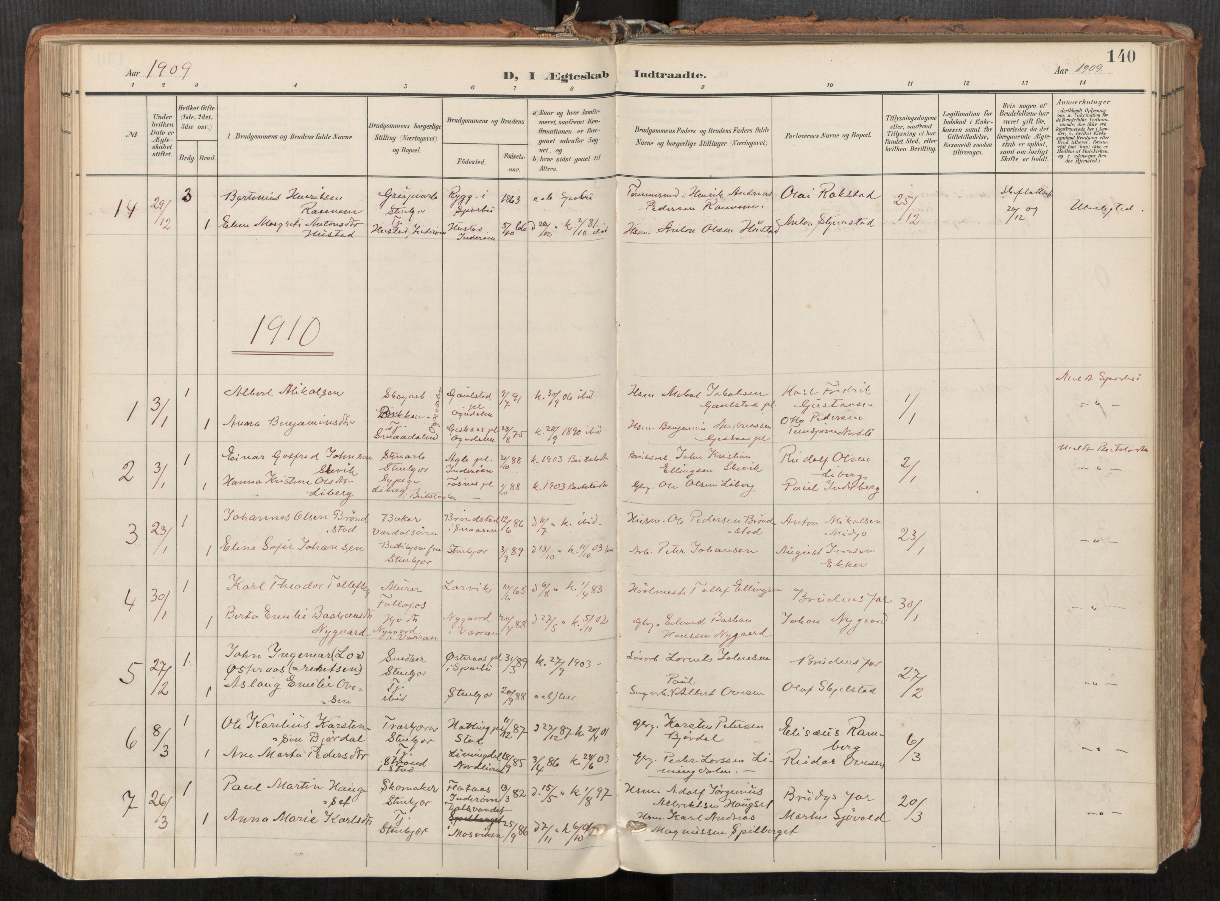 Steinkjer sokneprestkontor, AV/SAT-A-1541/01/H/Ha/Haa/L0001: Parish register (official) no. 1, 1904-1912, p. 140