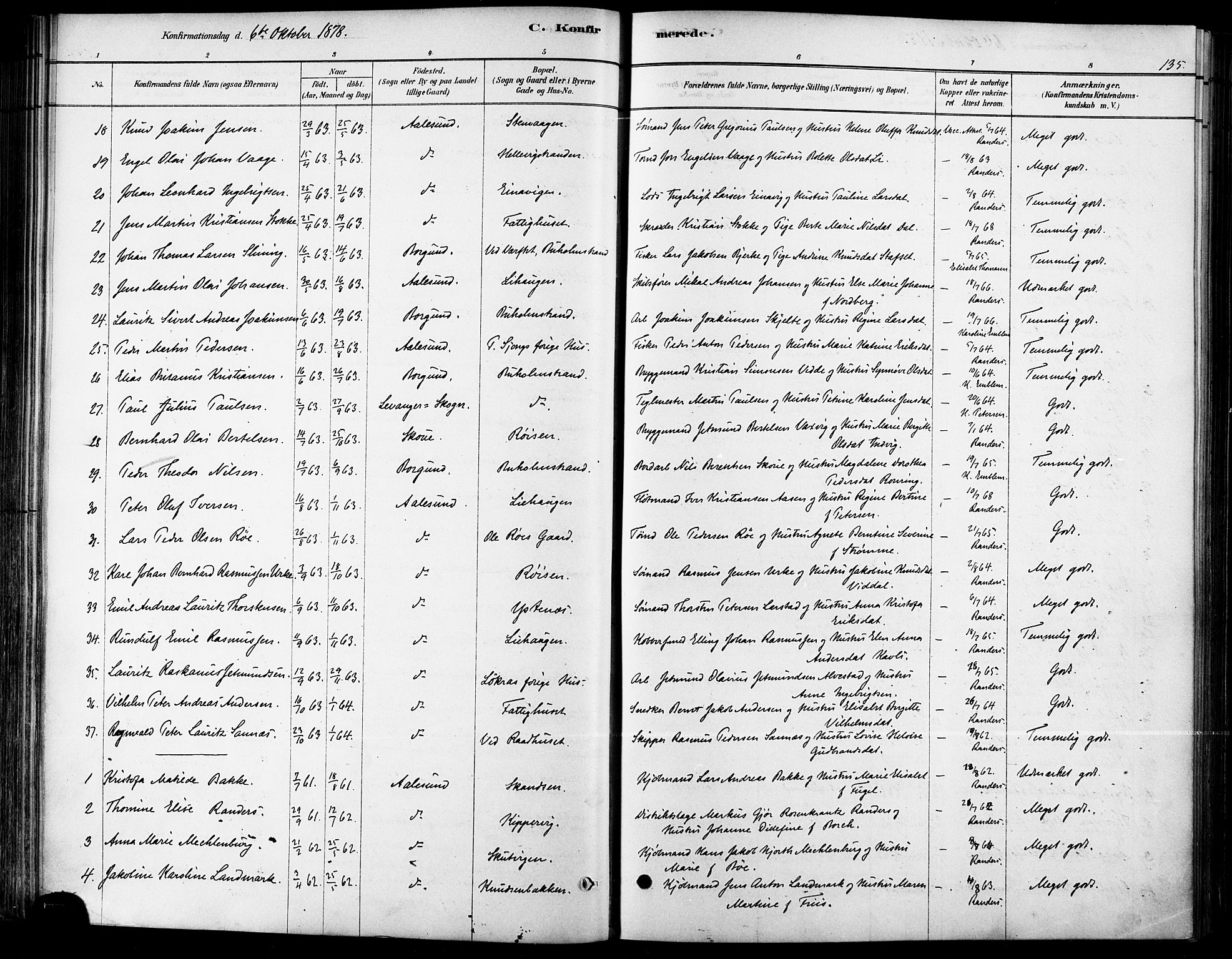 Ministerialprotokoller, klokkerbøker og fødselsregistre - Møre og Romsdal, AV/SAT-A-1454/529/L0454: Parish register (official) no. 529A04, 1878-1885, p. 135