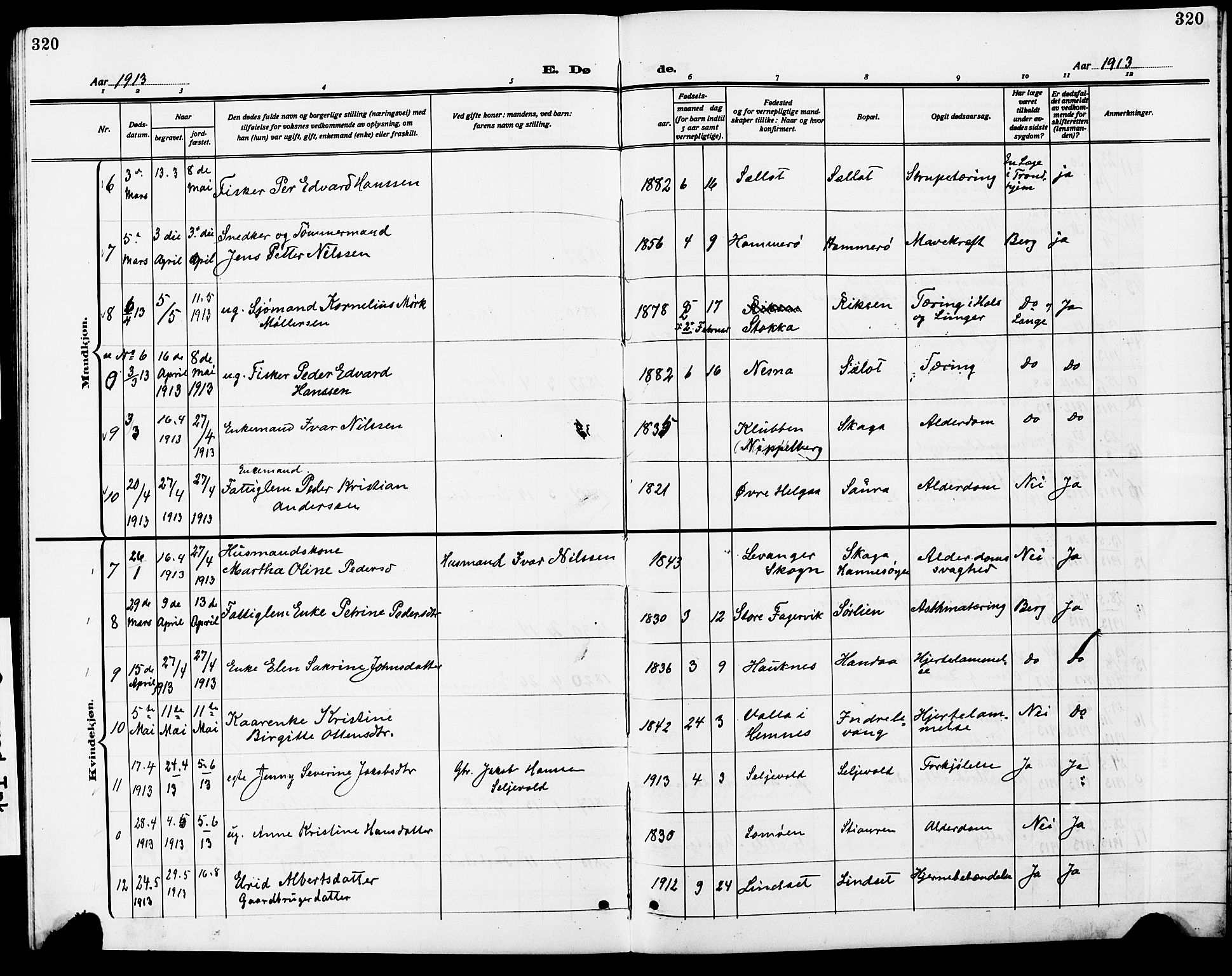 Ministerialprotokoller, klokkerbøker og fødselsregistre - Nordland, AV/SAT-A-1459/838/L0560: Parish register (copy) no. 838C07, 1910-1928, p. 320