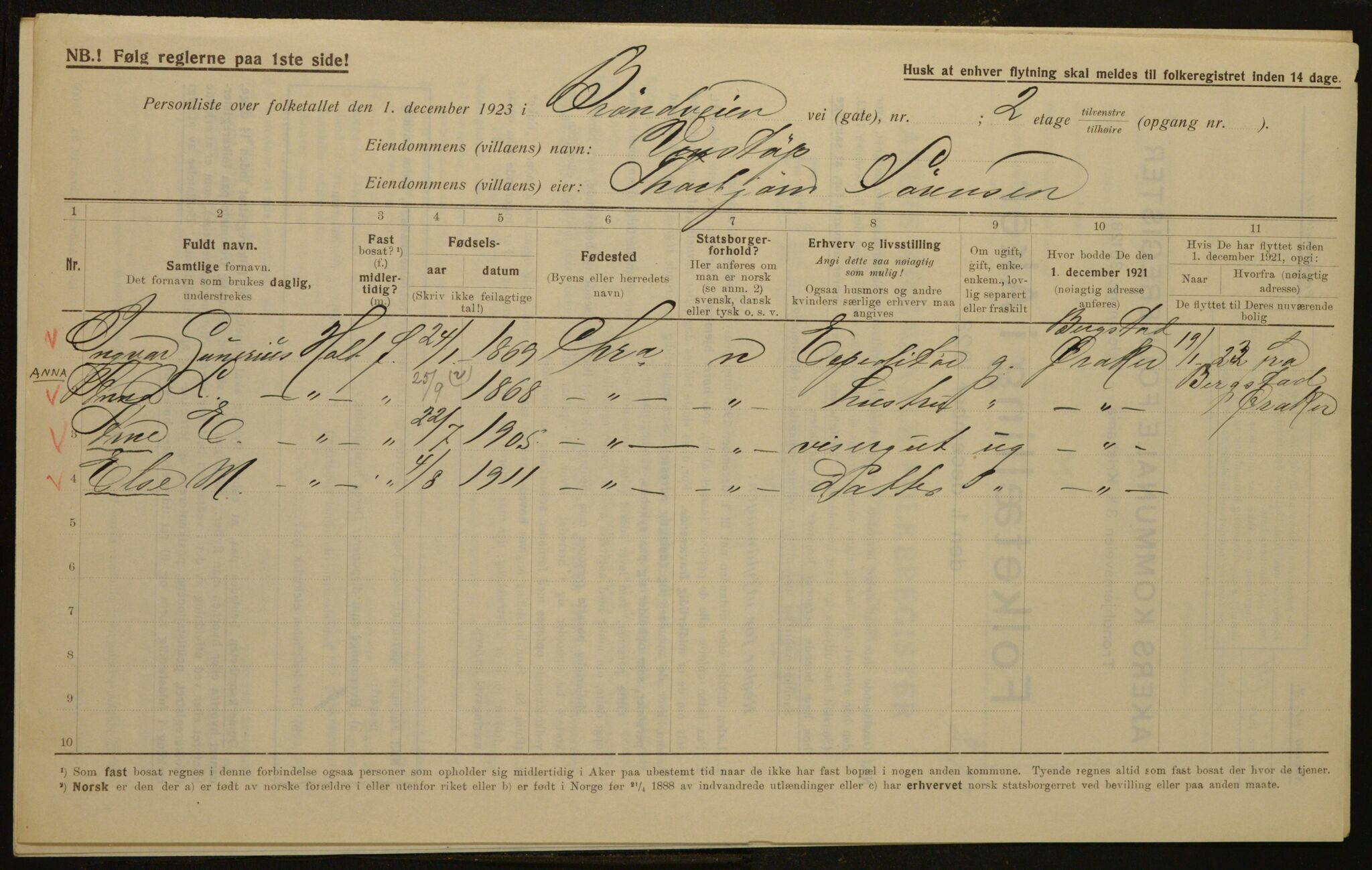 , Municipal Census 1923 for Aker, 1923, p. 807