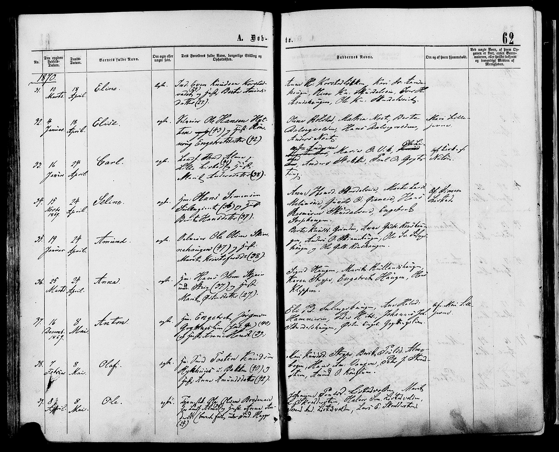 Sør-Fron prestekontor, AV/SAH-PREST-010/H/Ha/Haa/L0002: Parish register (official) no. 2, 1864-1880, p. 62