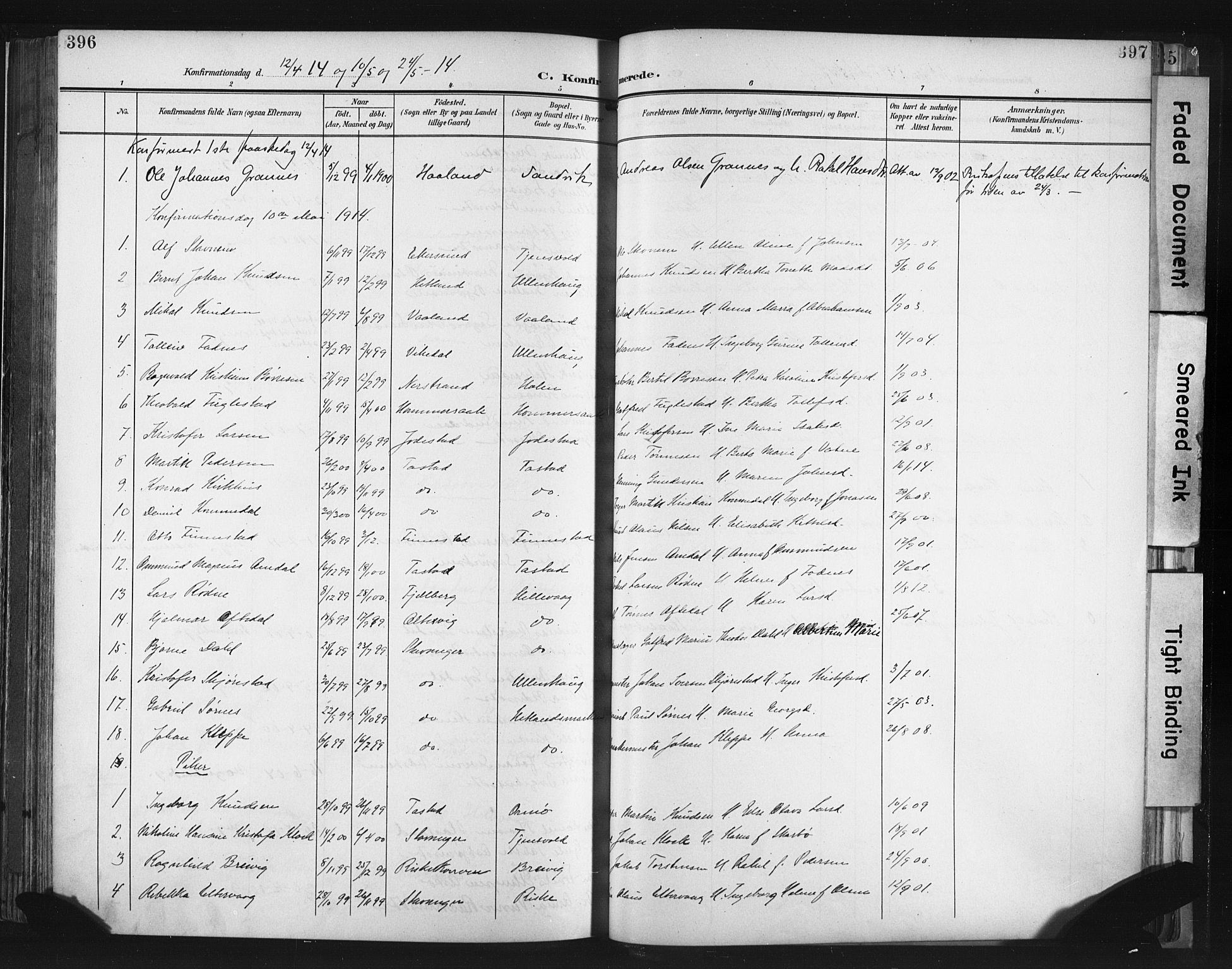 Hetland sokneprestkontor, AV/SAST-A-101826/30/30BA/L0013: Parish register (official) no. A 13, 1904-1918, p. 396-397