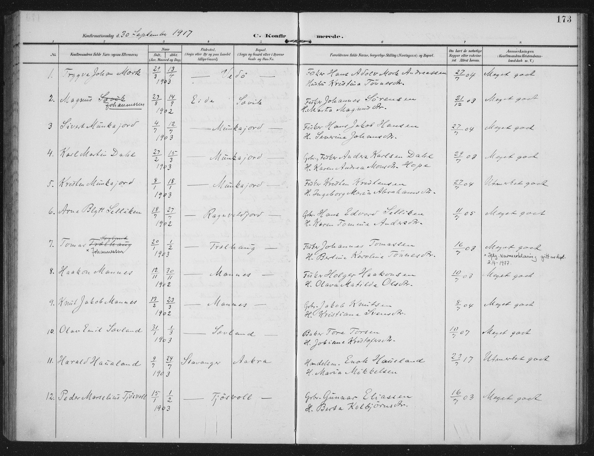 Kopervik sokneprestkontor, SAST/A-101850/H/Ha/Haa/L0005: Parish register (official) no. A 5, 1906-1924, p. 173