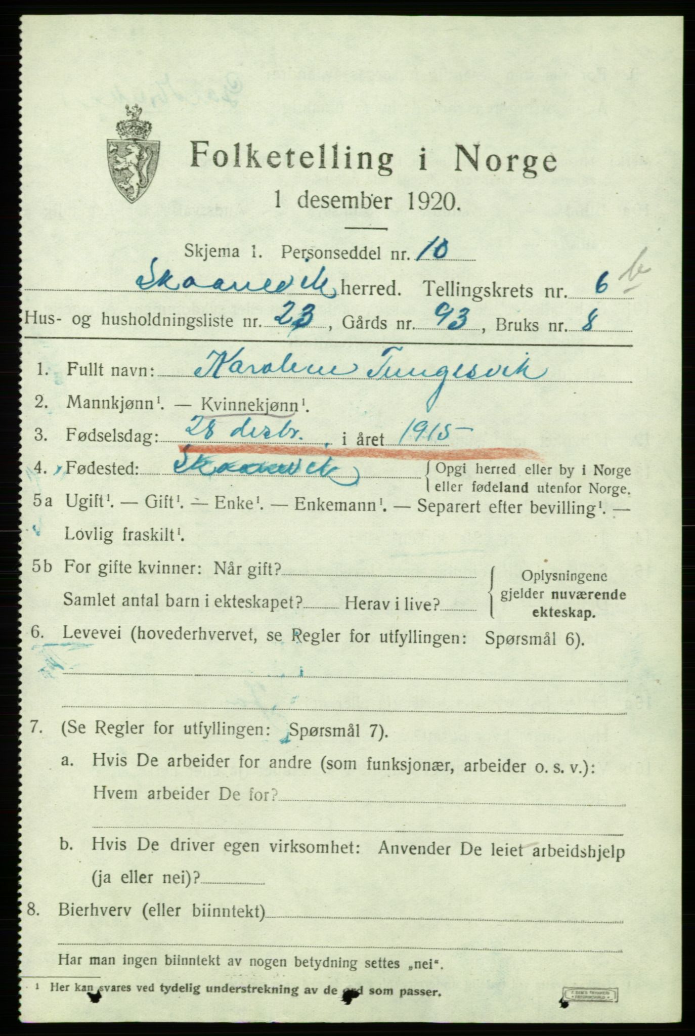 SAB, 1920 census for Skånevik, 1920, p. 4347