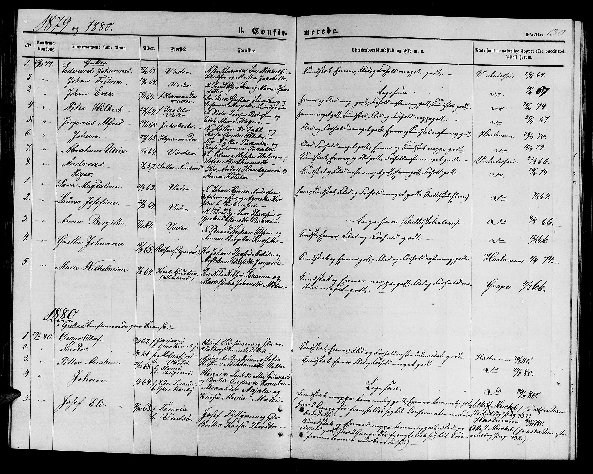 Vadsø sokneprestkontor, SATØ/S-1325/H/Hb/L0002klokker: Parish register (copy) no. 2, 1875-1884, p. 130