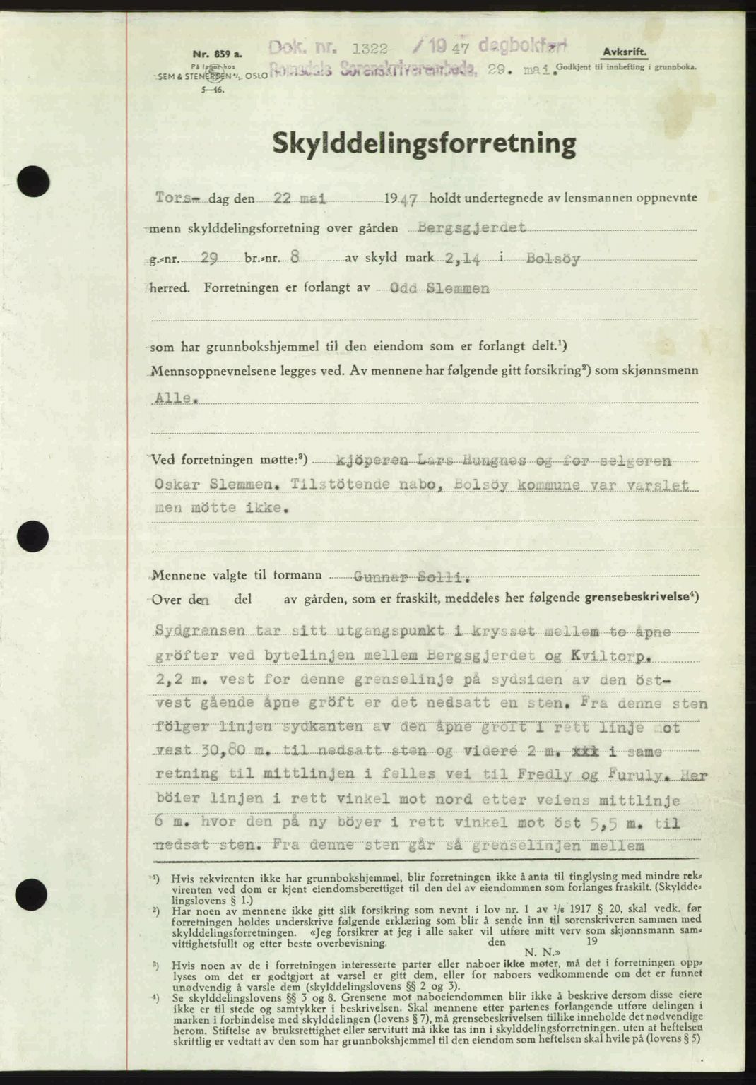 Romsdal sorenskriveri, AV/SAT-A-4149/1/2/2C: Mortgage book no. A23, 1947-1947, Diary no: : 1322/1947