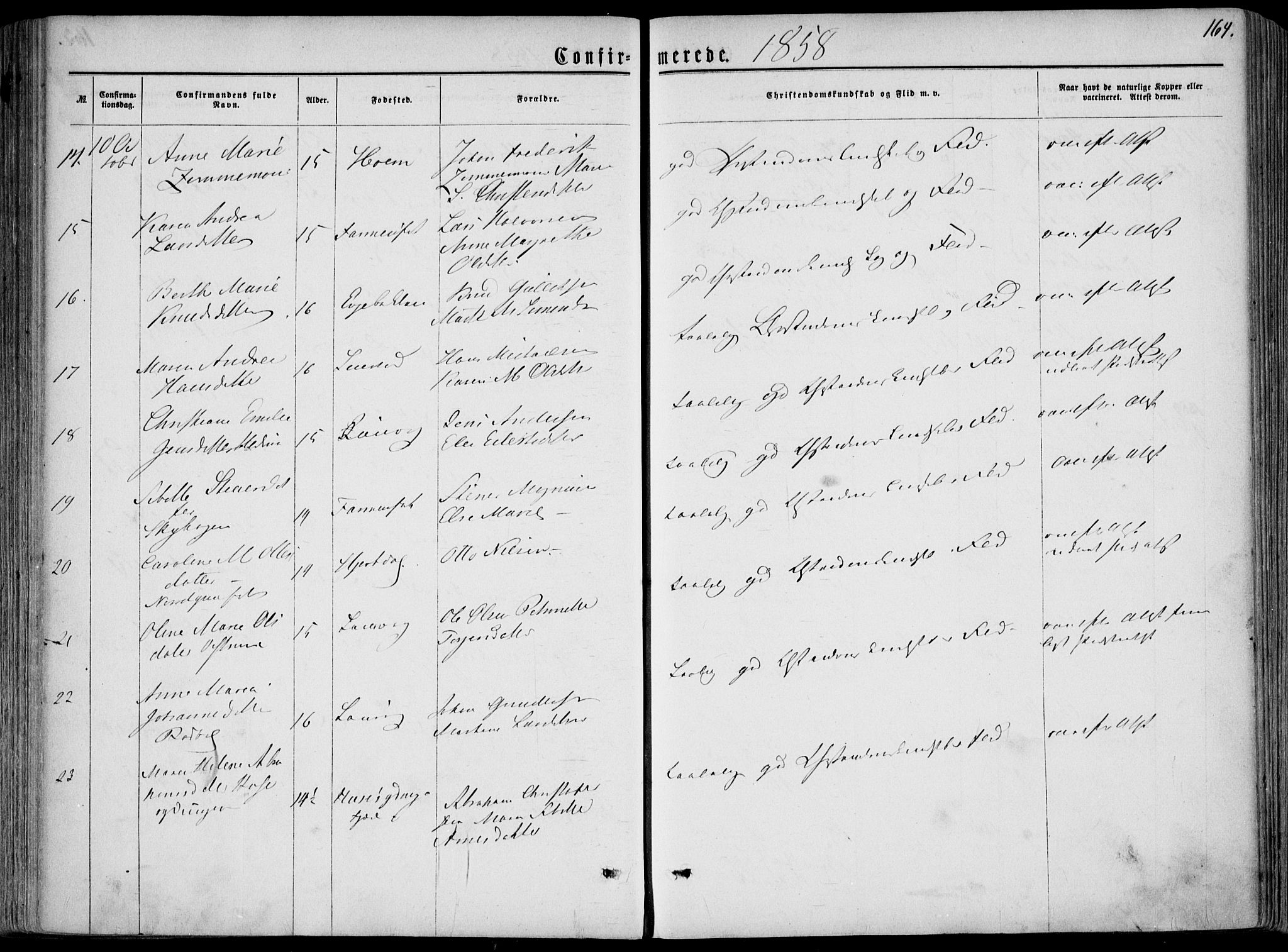 Hedrum kirkebøker, AV/SAKO-A-344/F/Fa/L0007: Parish register (official) no. I 7, 1857-1868, p. 164