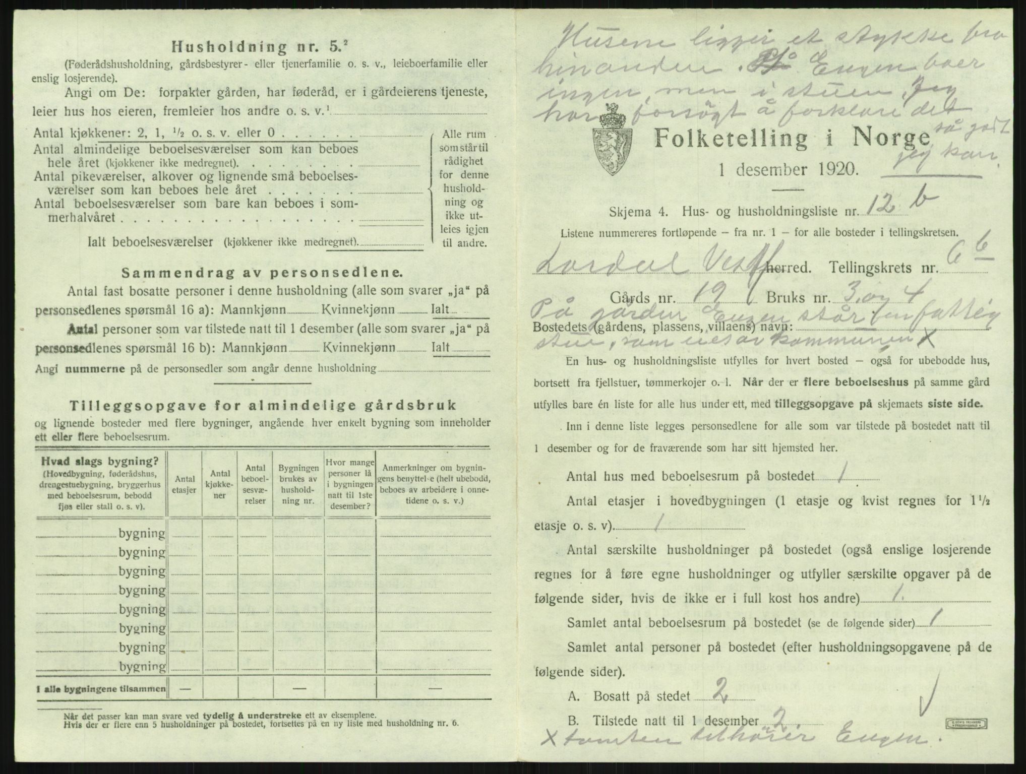 SAKO, 1920 census for Lardal, 1920, p. 943