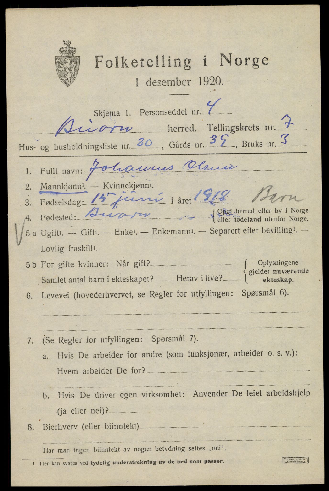 SAT, 1920 census for Beiarn, 1920, p. 3806