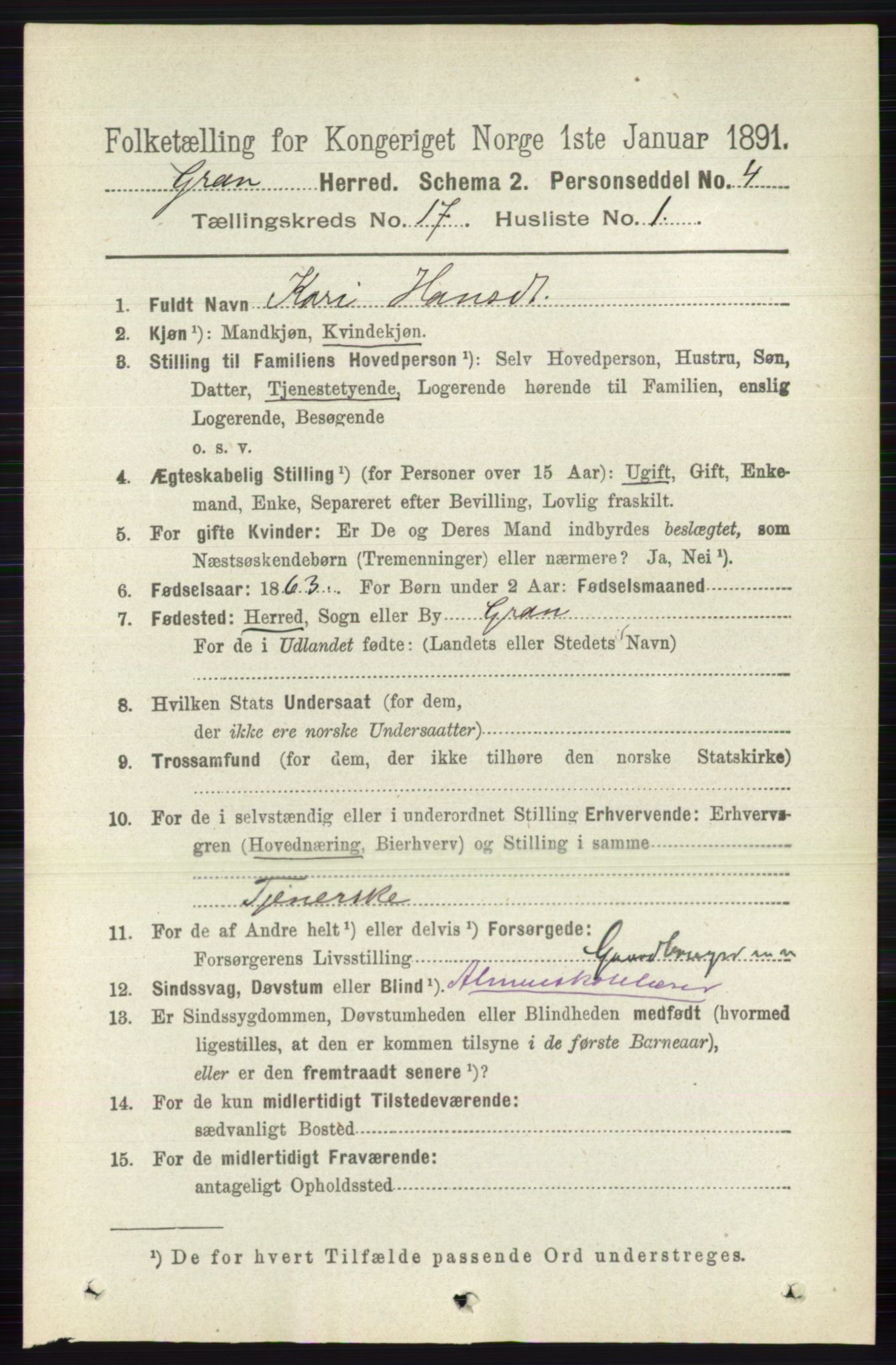 RA, 1891 census for 0534 Gran, 1891, p. 8739