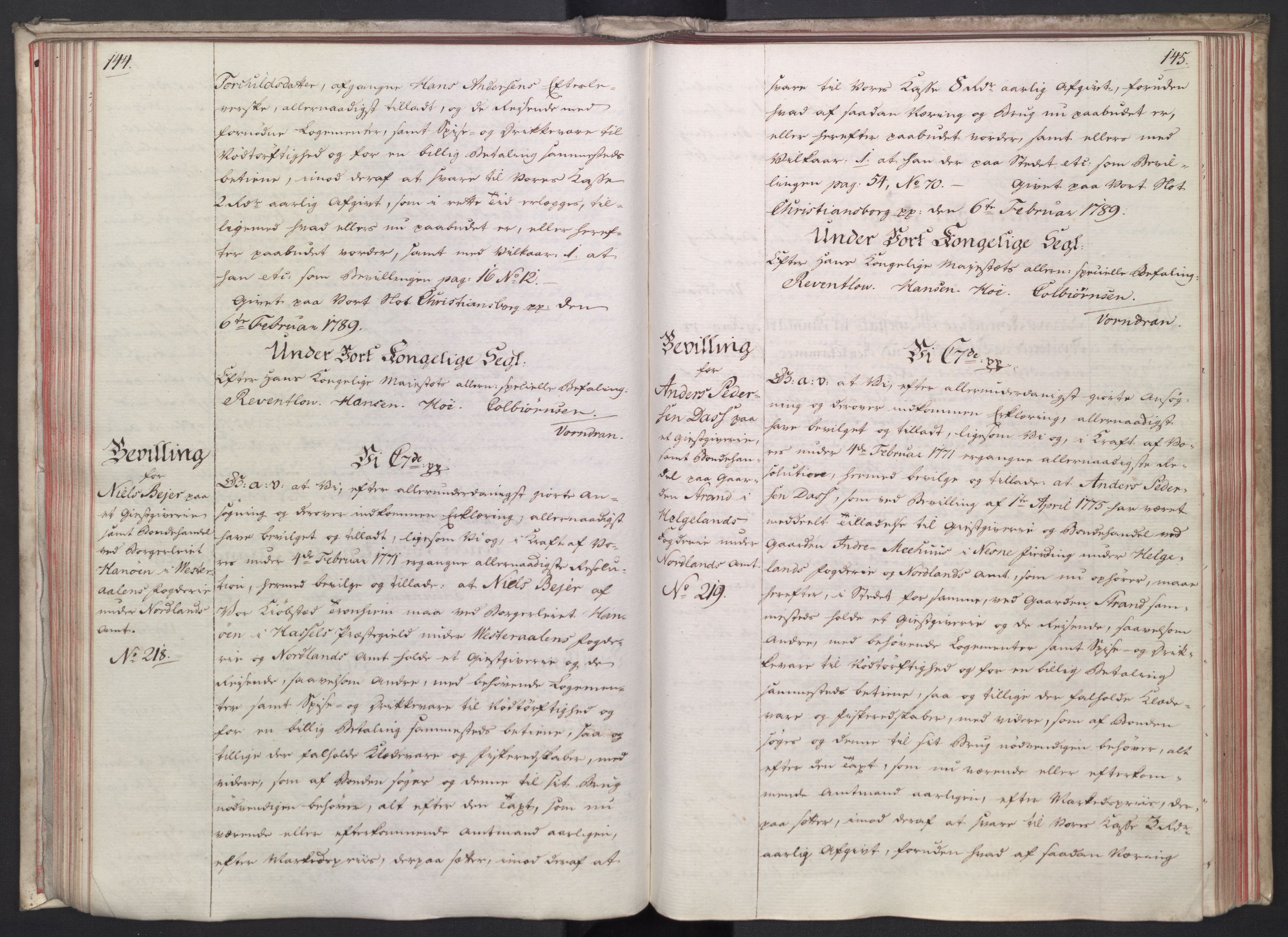 Rentekammeret, Kammerkanselliet, RA/EA-3111/G/Gg/Gga/L0014: Norsk ekspedisjonsprotokoll med register (merket RK 53.14), 1787-1790, p. 144-145