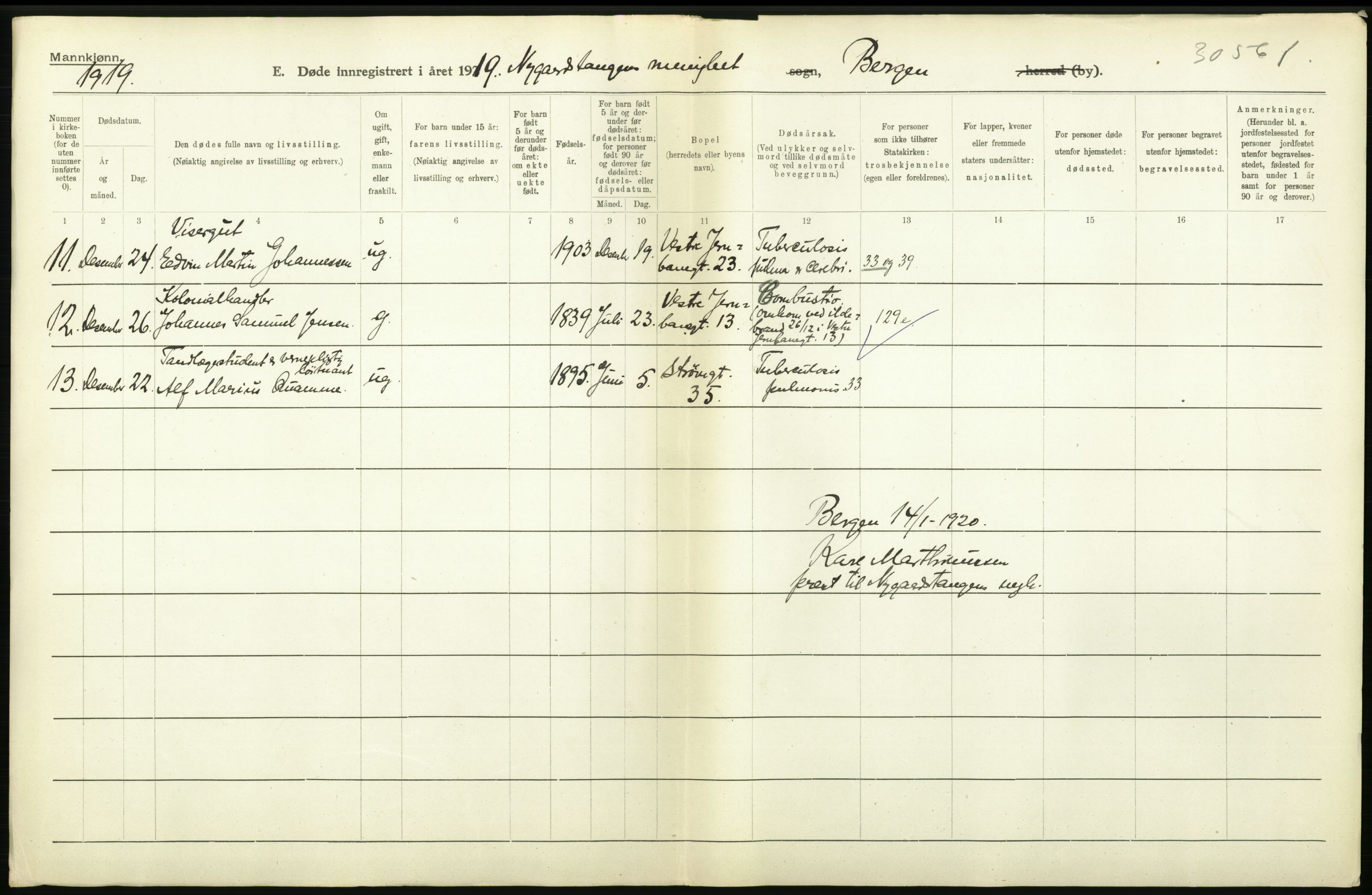 Statistisk sentralbyrå, Sosiodemografiske emner, Befolkning, RA/S-2228/D/Df/Dfb/Dfbi/L0035: Bergen: Gifte, døde, dødfødte., 1919, p. 312