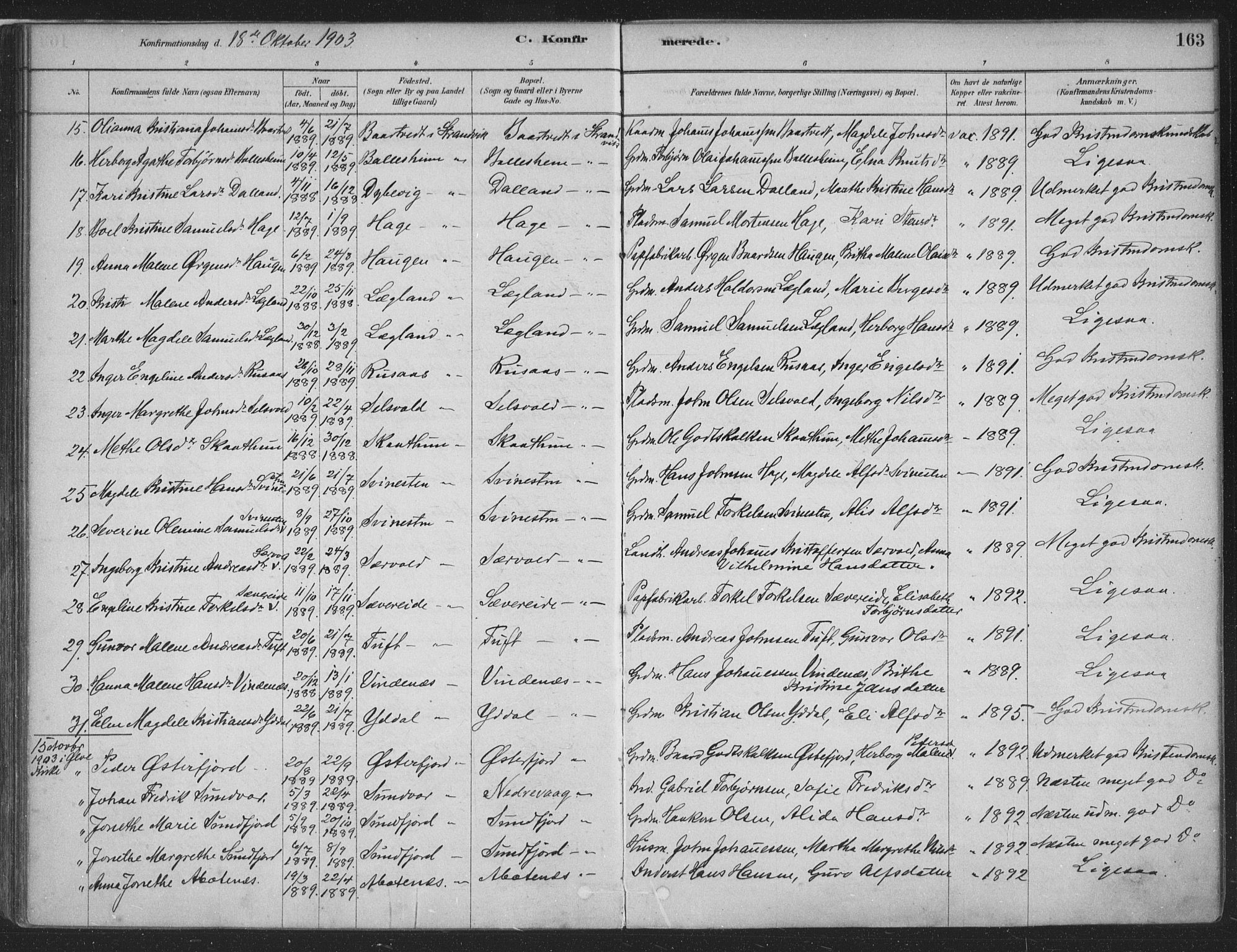Fusa sokneprestembete, SAB/A-75401/H/Haa: Parish register (official) no. D 1, 1880-1938, p. 163