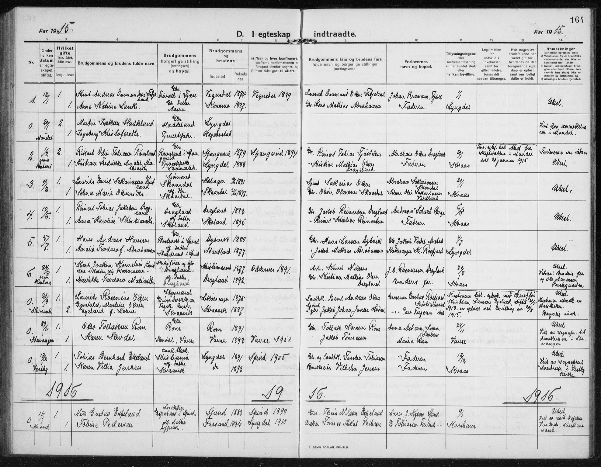 Lyngdal sokneprestkontor, AV/SAK-1111-0029/F/Fb/Fbc/L0006: Parish register (copy) no. B 6, 1914-1934, p. 164