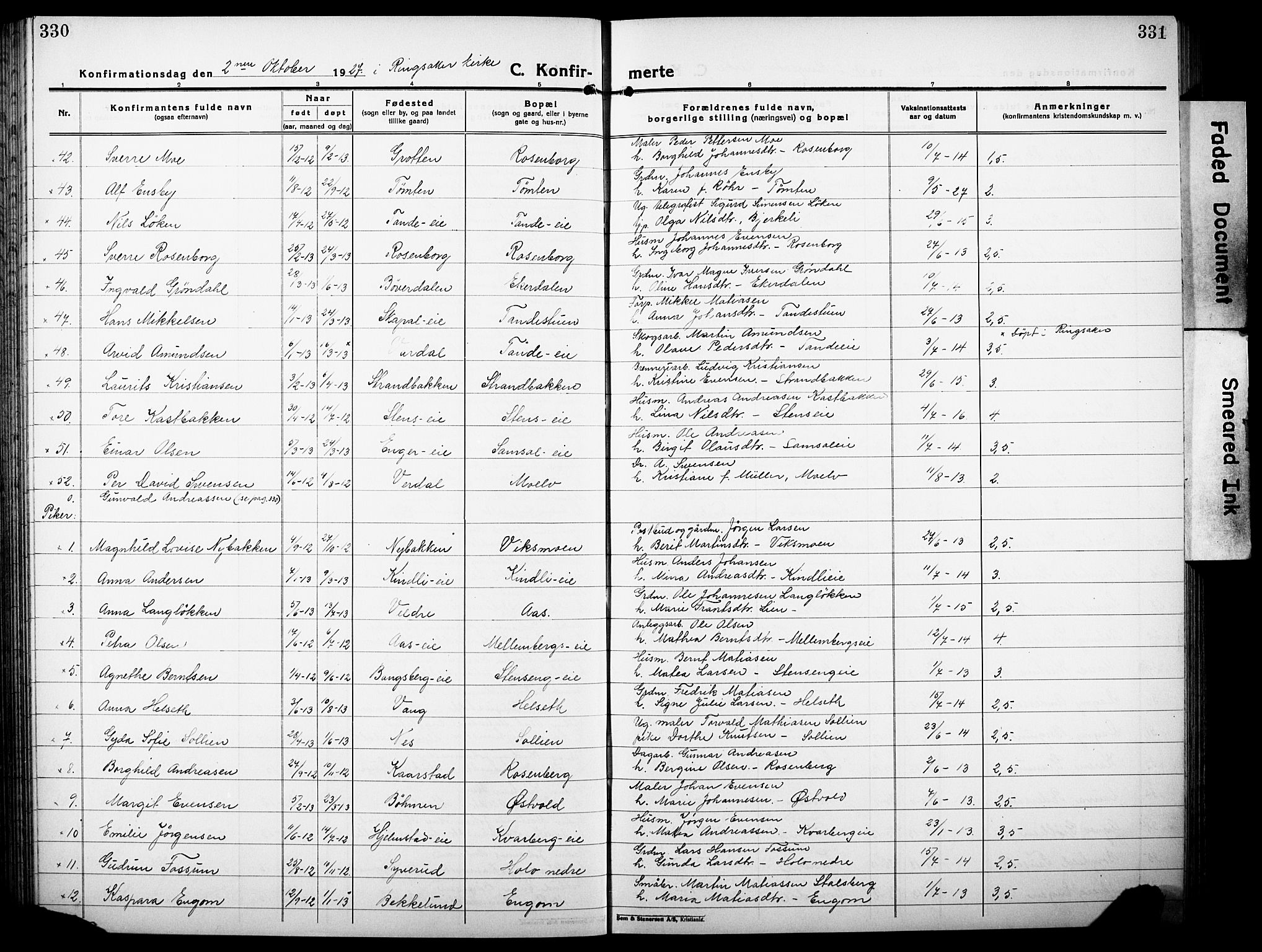 Ringsaker prestekontor, SAH/PREST-014/L/La/L0019: Parish register (copy) no. 19, 1923-1933, p. 330-331