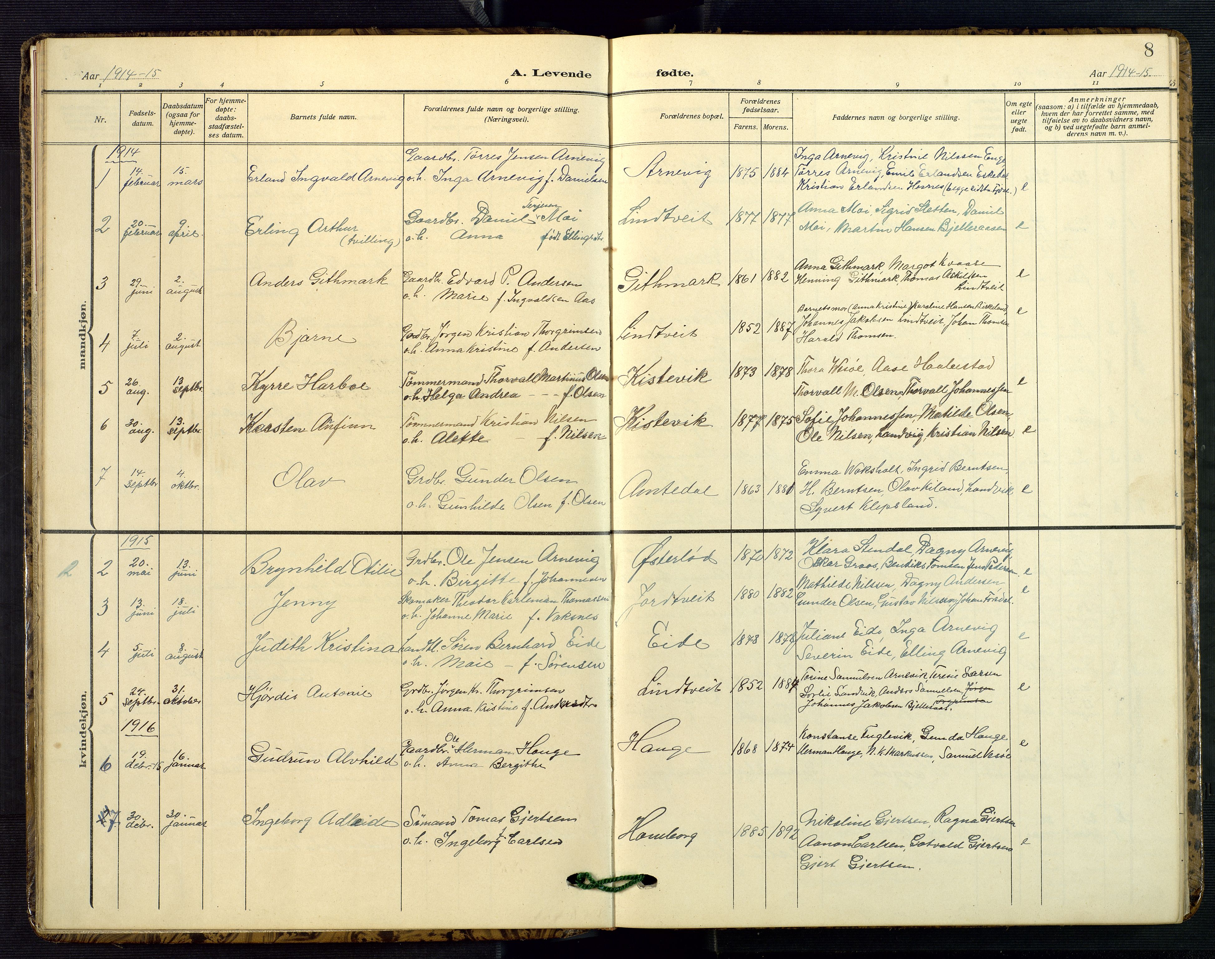 Hommedal sokneprestkontor, SAK/1111-0023/F/Fb/Fba/L0005: Parish register (copy) no. B 5, 1909-1957, p. 8