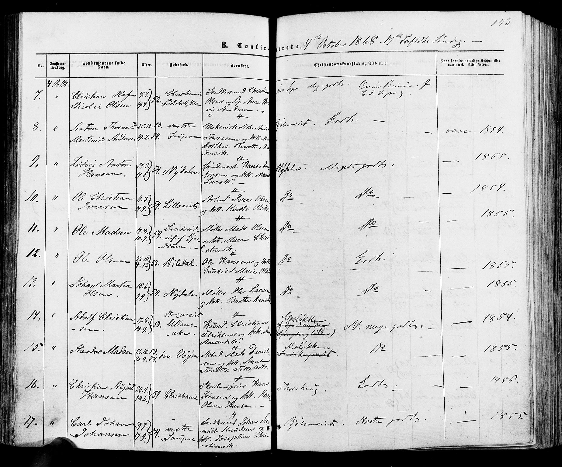 Vestre Aker prestekontor Kirkebøker, AV/SAO-A-10025/F/Fa/L0005: Parish register (official) no. 5, 1859-1877, p. 143