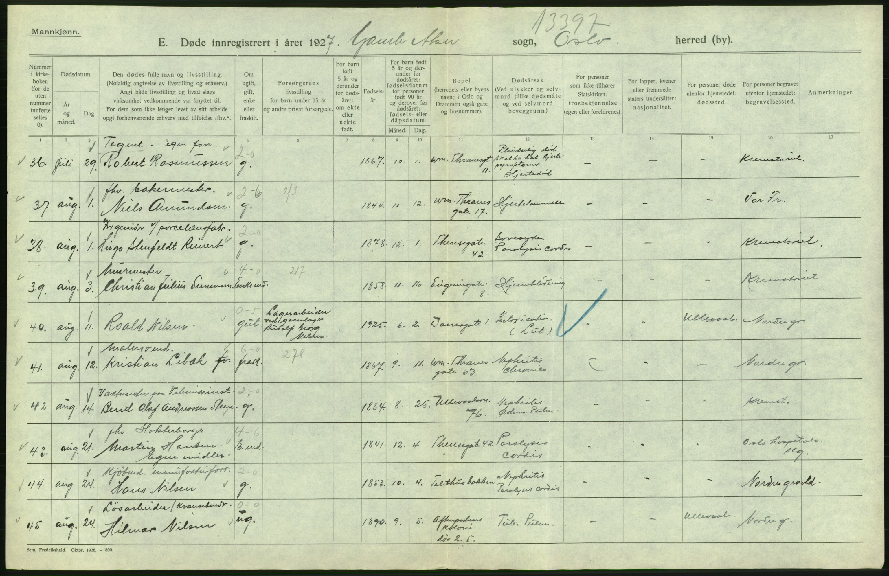 Statistisk sentralbyrå, Sosiodemografiske emner, Befolkning, AV/RA-S-2228/D/Df/Dfc/Dfcg/L0009: Oslo: Døde menn, 1927, p. 204