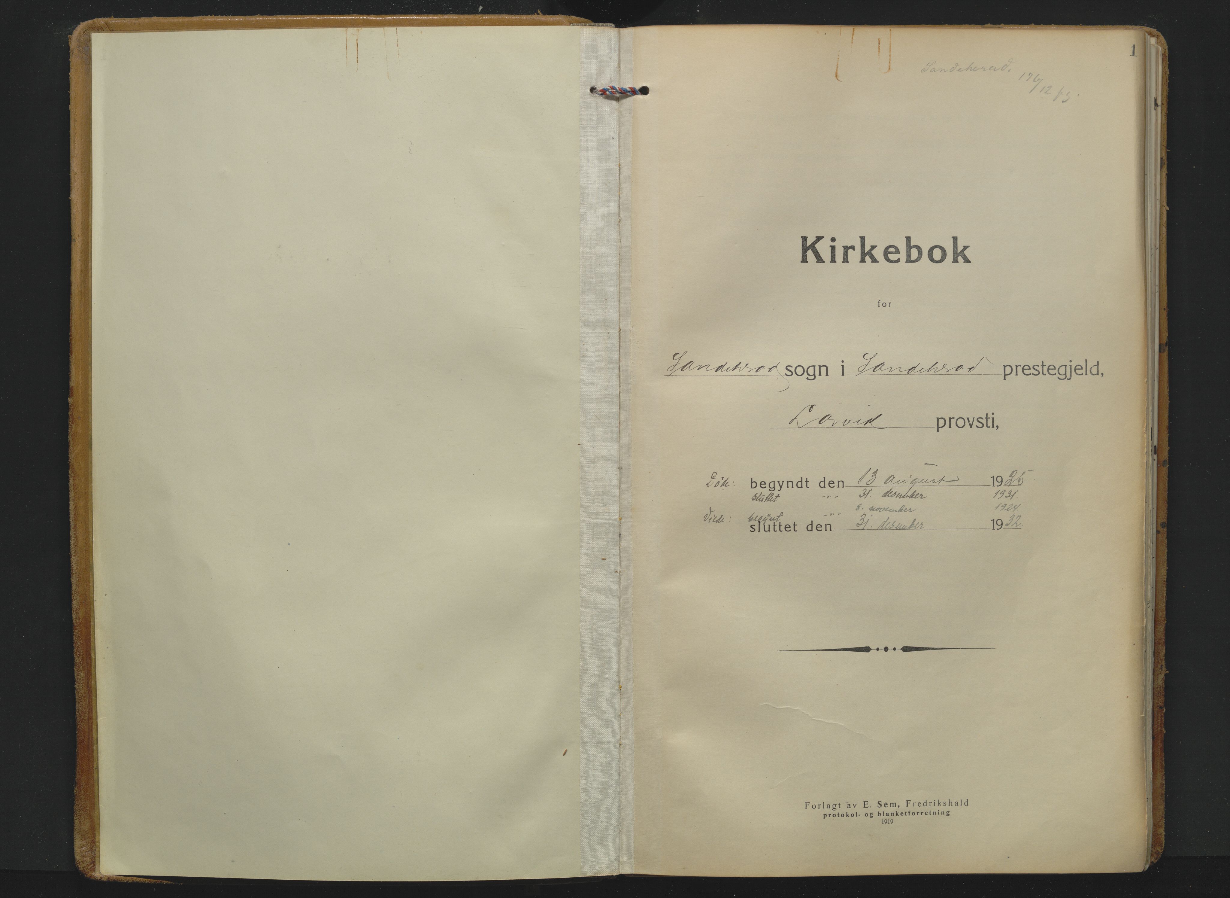 Sandar kirkebøker, SAKO/A-243/F/Fa/L0023: Parish register (official) no. 23, 1924-1932, p. 1