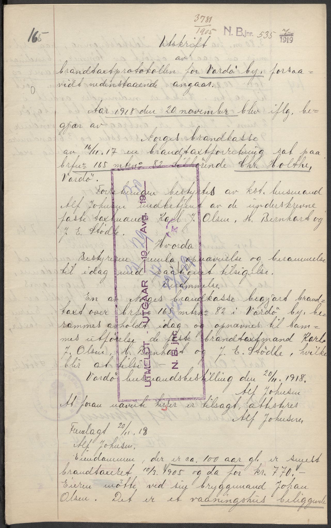 Norges Brannkasse, AV/RA-S-1549/E/Eu/L0015: Branntakster for Vardø by, 1863-1953, p. 760