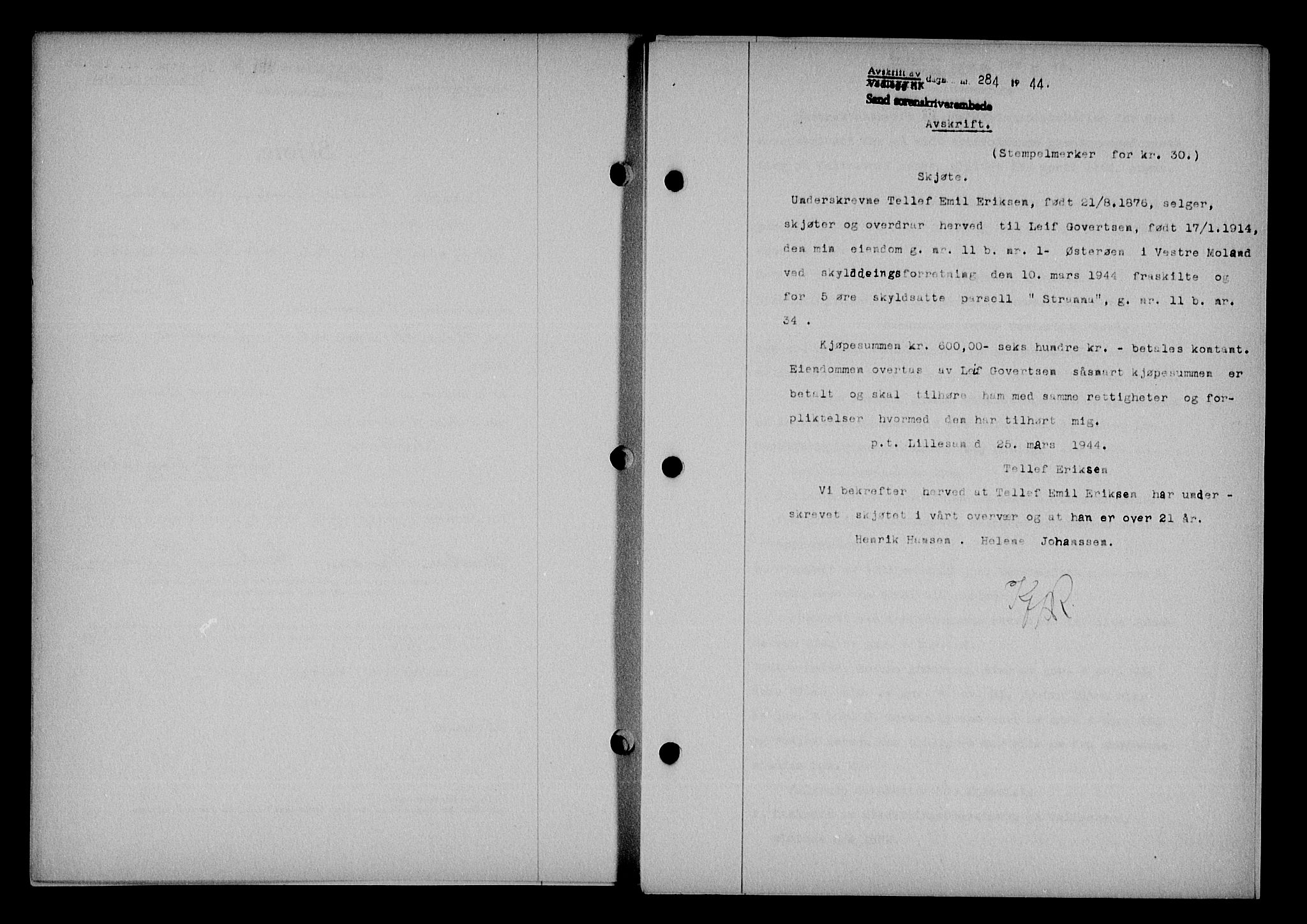 Vestre Nedenes/Sand sorenskriveri, SAK/1221-0010/G/Gb/Gba/L0053: Mortgage book no. A 6, 1944-1945, Diary no: : 284/1944