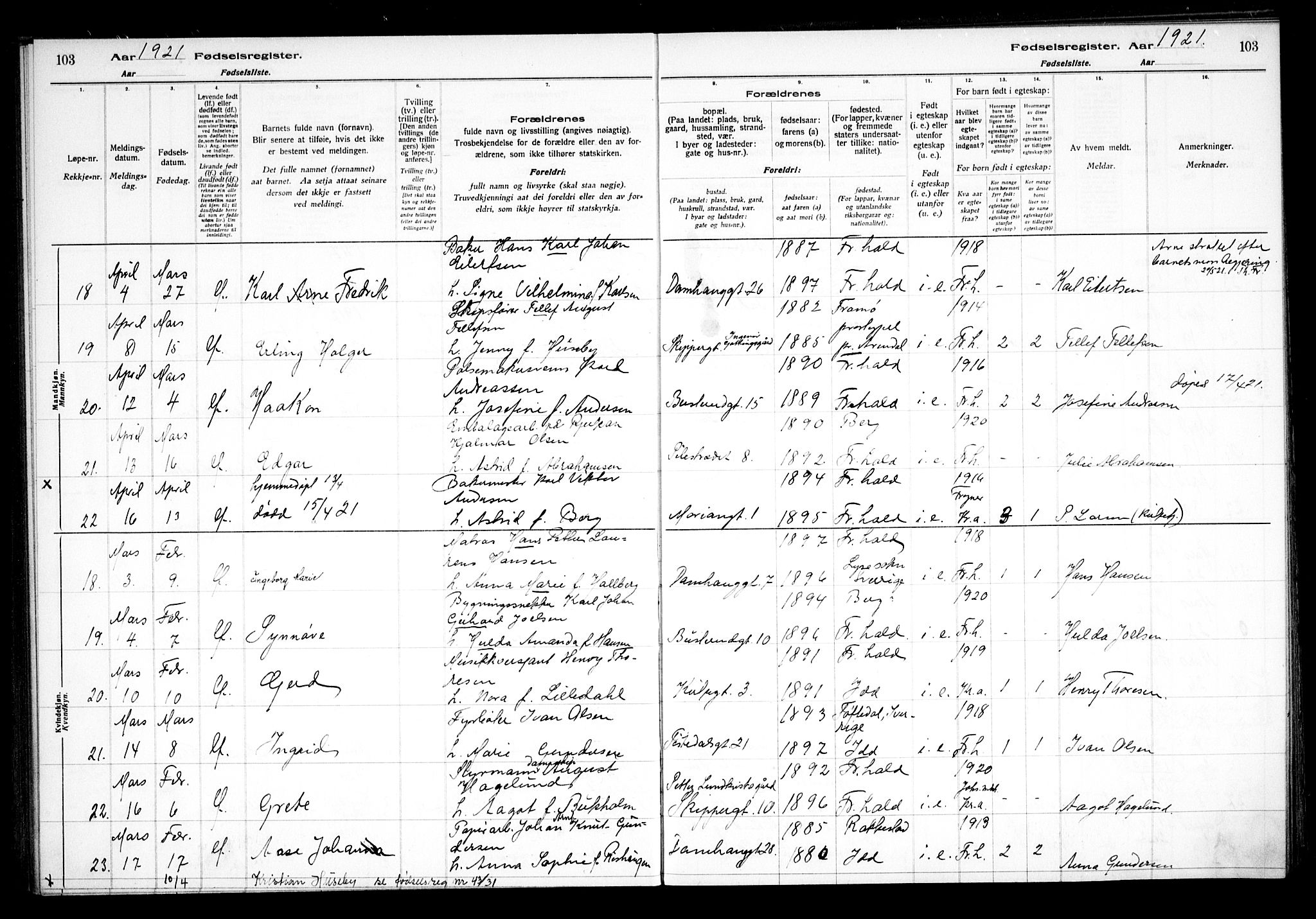 Halden prestekontor Kirkebøker, AV/SAO-A-10909/J/Ja/L0001: Birth register no. I 1, 1916-1925, p. 103