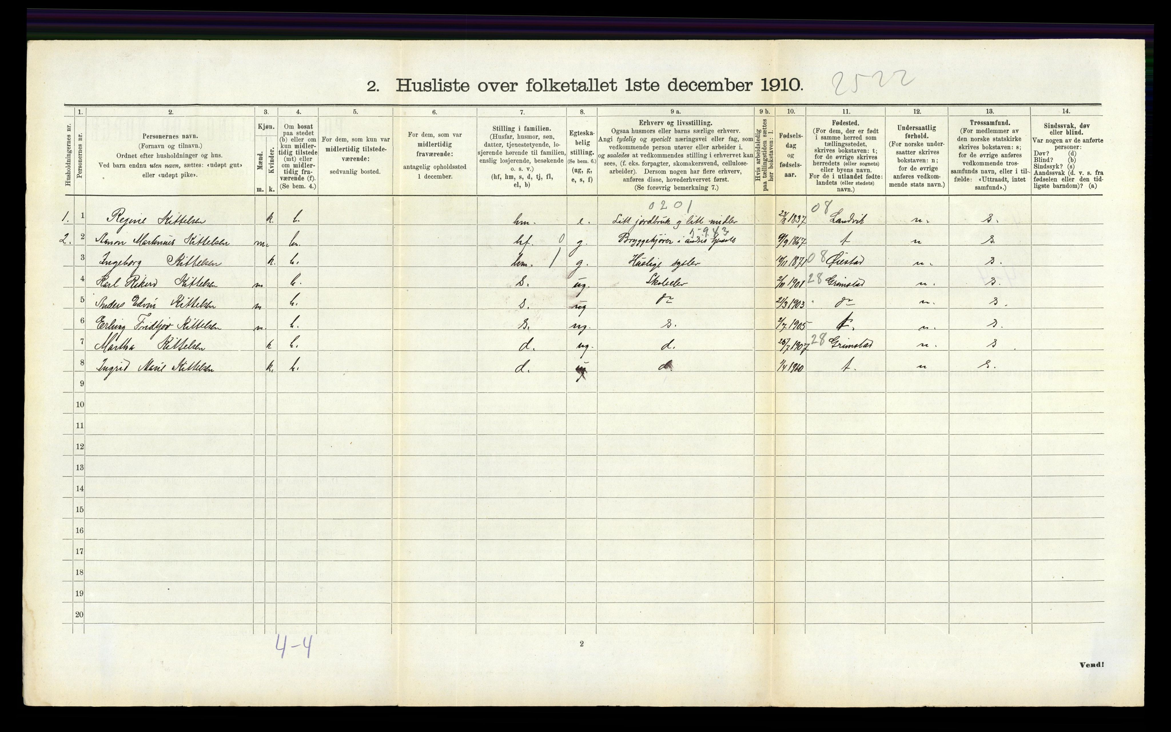 RA, 1910 census for Fjære, 1910, p. 254