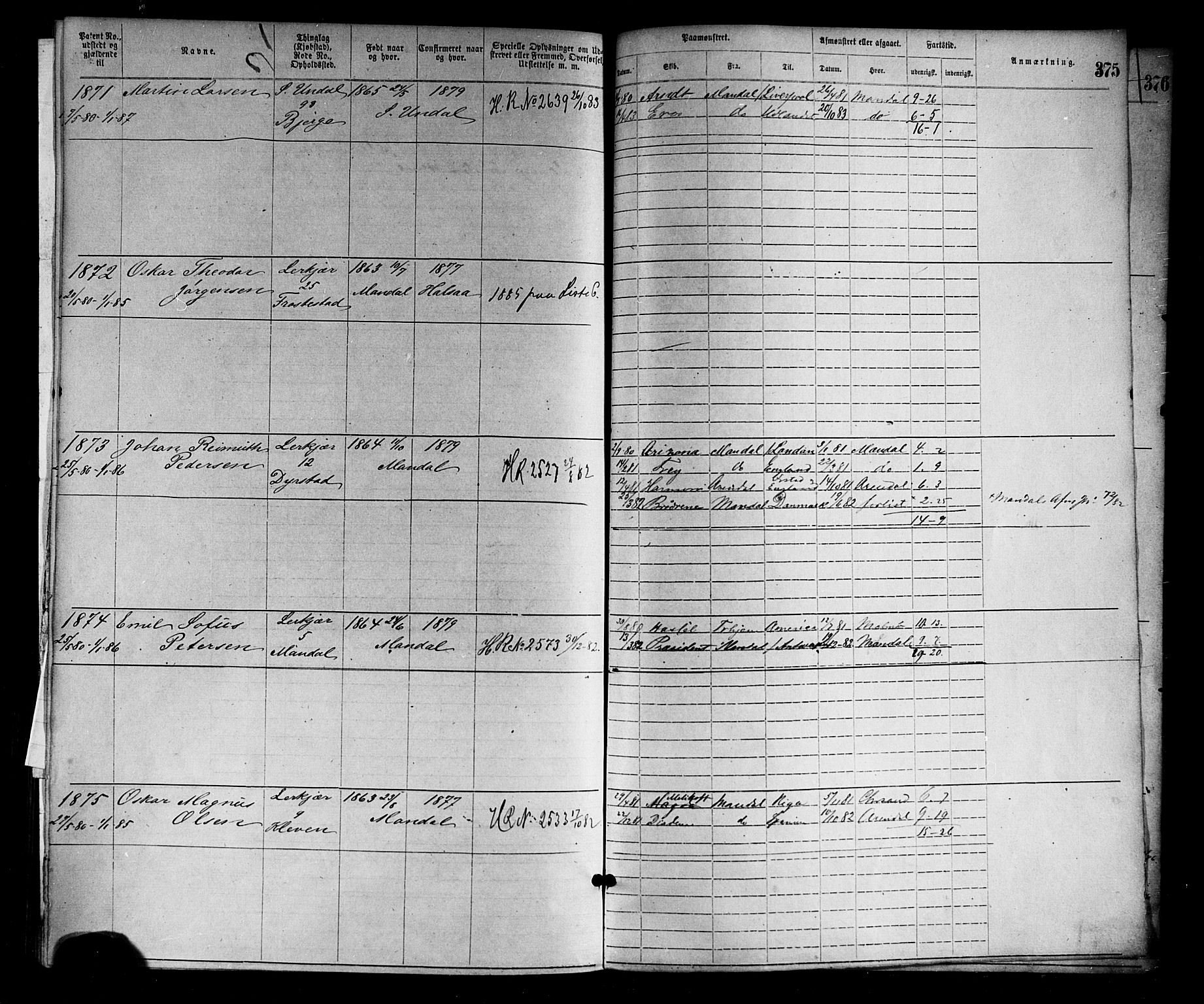 Mandal mønstringskrets, AV/SAK-2031-0016/F/Fa/L0001: Annotasjonsrulle nr 1-1920 med register, L-3, 1869-1881, p. 416