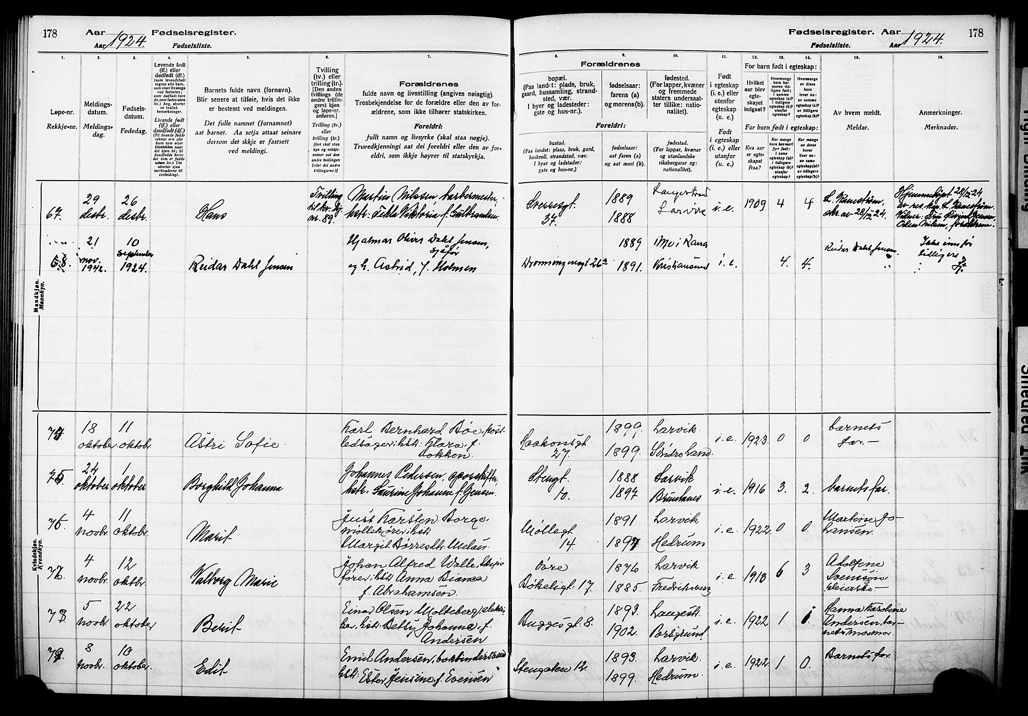 Larvik kirkebøker, AV/SAKO-A-352/J/Ja/L0001: Birth register no. I 1, 1916-1926, p. 178