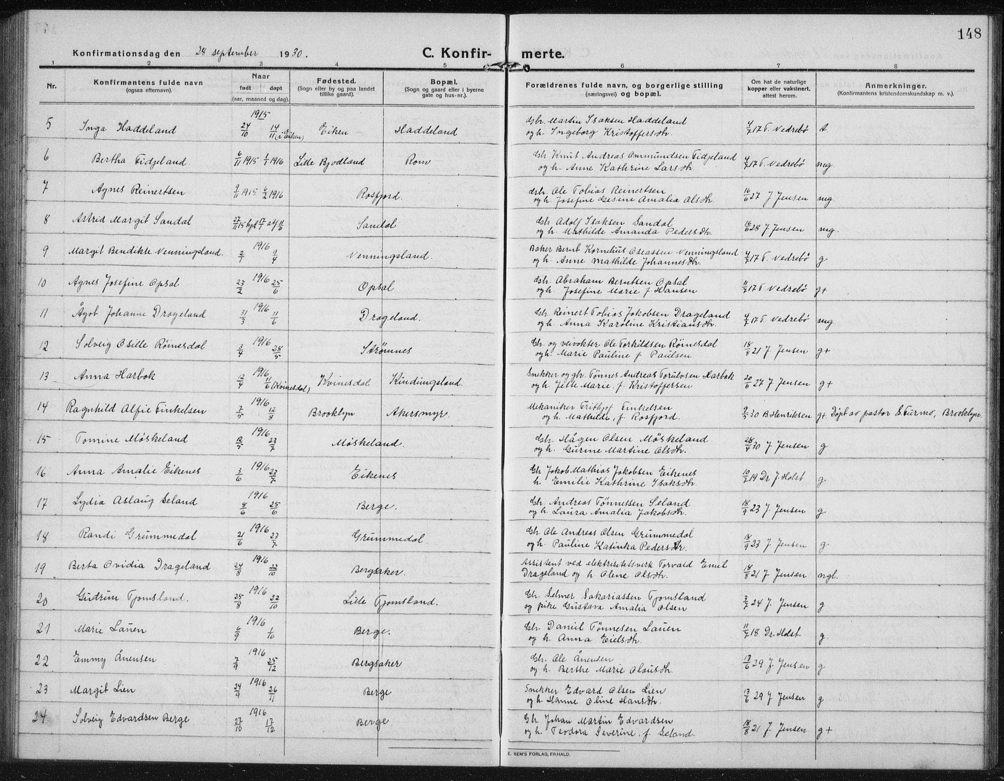 Lyngdal sokneprestkontor, AV/SAK-1111-0029/F/Fb/Fbc/L0006: Parish register (copy) no. B 6, 1914-1934, p. 148