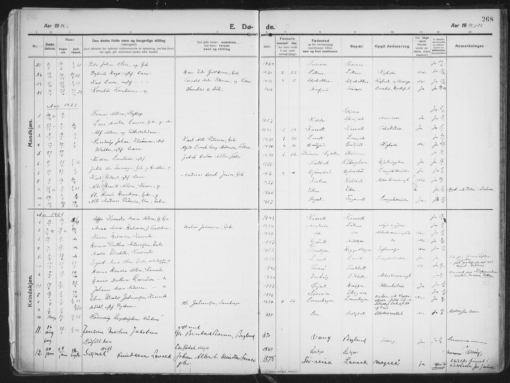 Lenvik sokneprestembete, SATØ/S-1310/H/Ha/Haa/L0016kirke: Parish register (official) no. 16, 1910-1924, p. 268