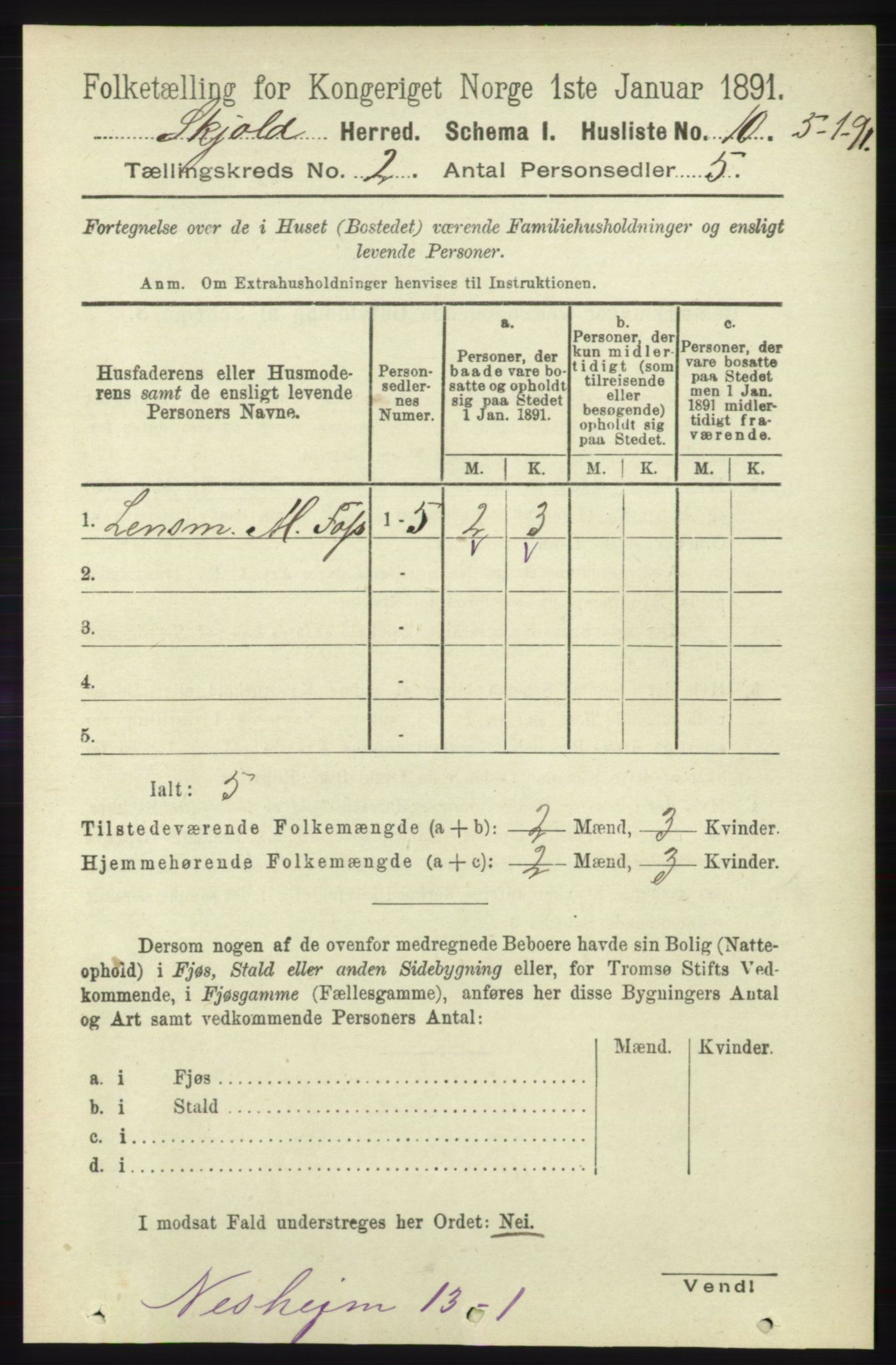 RA, 1891 census for 1154 Skjold, 1891, p. 274