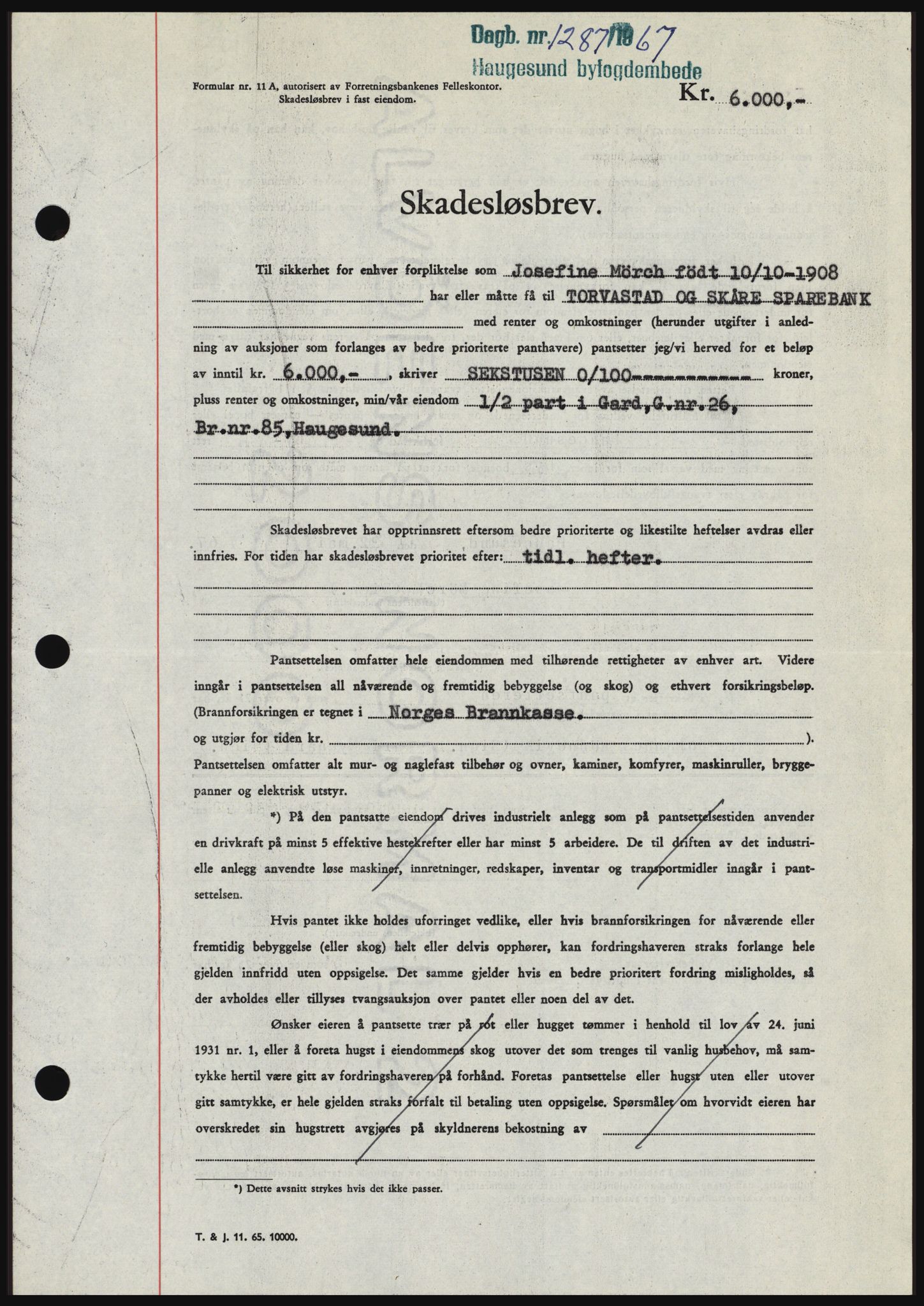 Haugesund tingrett, SAST/A-101415/01/II/IIC/L0056: Mortgage book no. B 56, 1966-1967, Diary no: : 1287/1967
