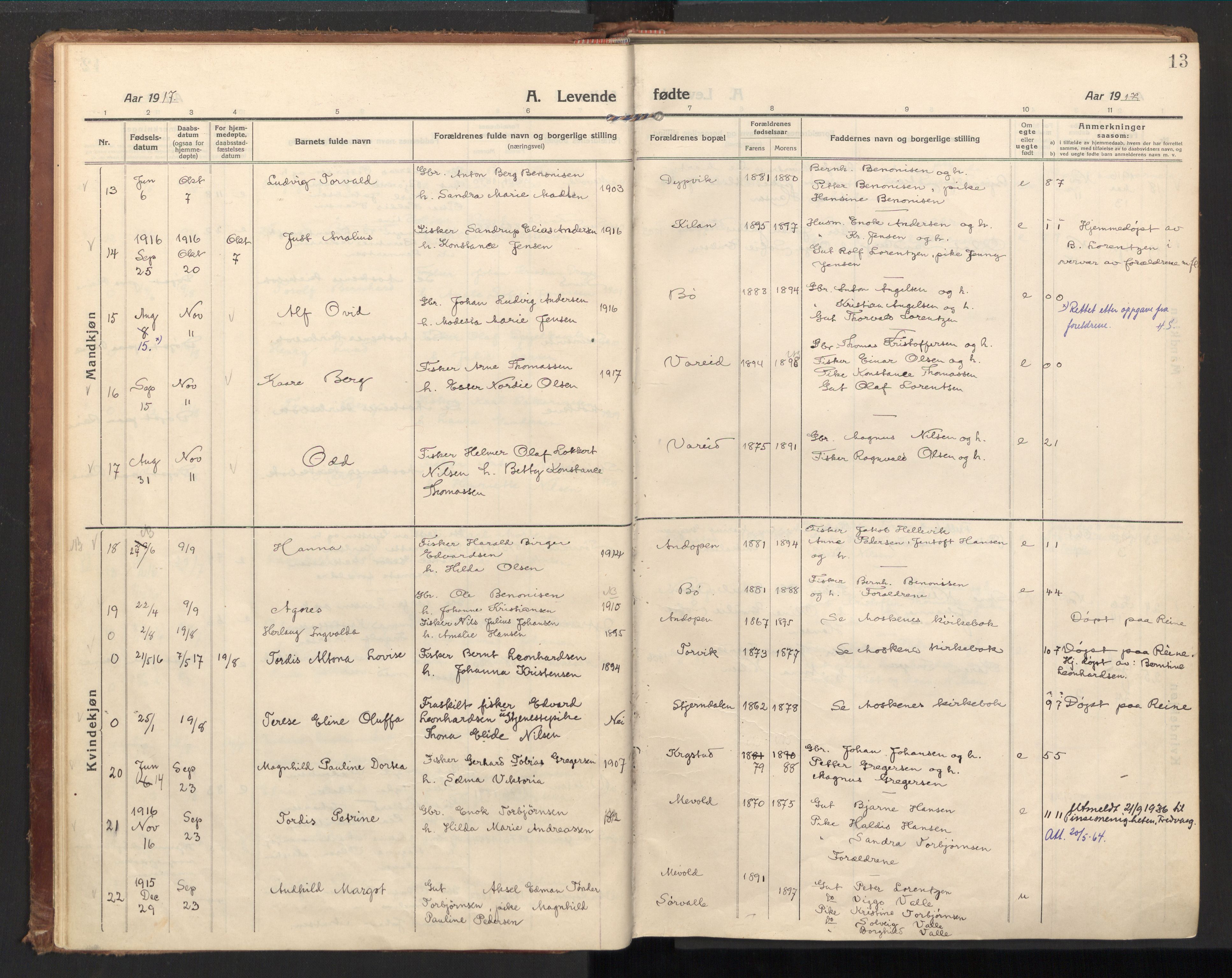 Ministerialprotokoller, klokkerbøker og fødselsregistre - Nordland, AV/SAT-A-1459/885/L1210: Parish register (official) no. 885A10, 1916-1926, p. 13