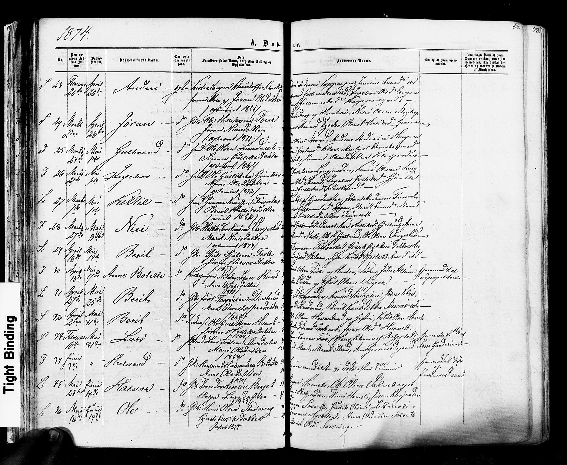 Flesberg kirkebøker, AV/SAKO-A-18/F/Fa/L0007: Parish register (official) no. I 7, 1861-1878, p. 66