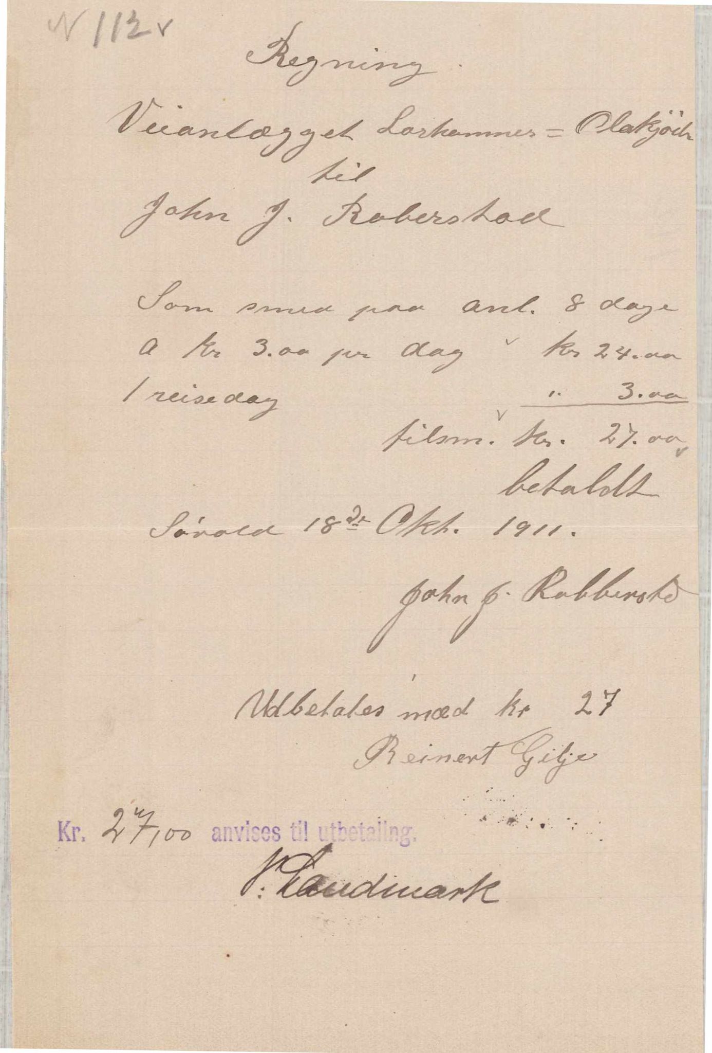 Finnaas kommune. Formannskapet, IKAH/1218a-021/E/Ea/L0001/0003: Rekneskap for veganlegg / Rekneskap for veganlegget Laurhammer - Olakjødn, 1909-1911, p. 81