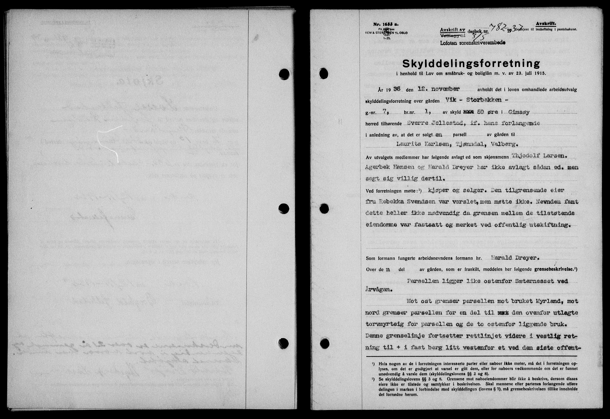 Lofoten sorenskriveri, SAT/A-0017/1/2/2C/L0002a: Mortgage book no. 2a, 1937-1937, Diary no: : 782/1937