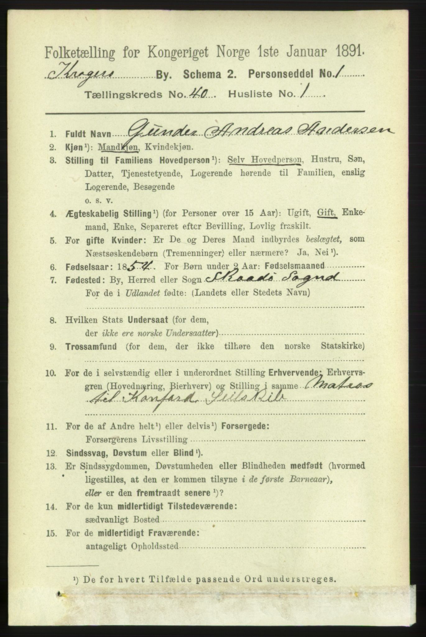 RA, 1891 census for 0801 Kragerø, 1891, p. 7399