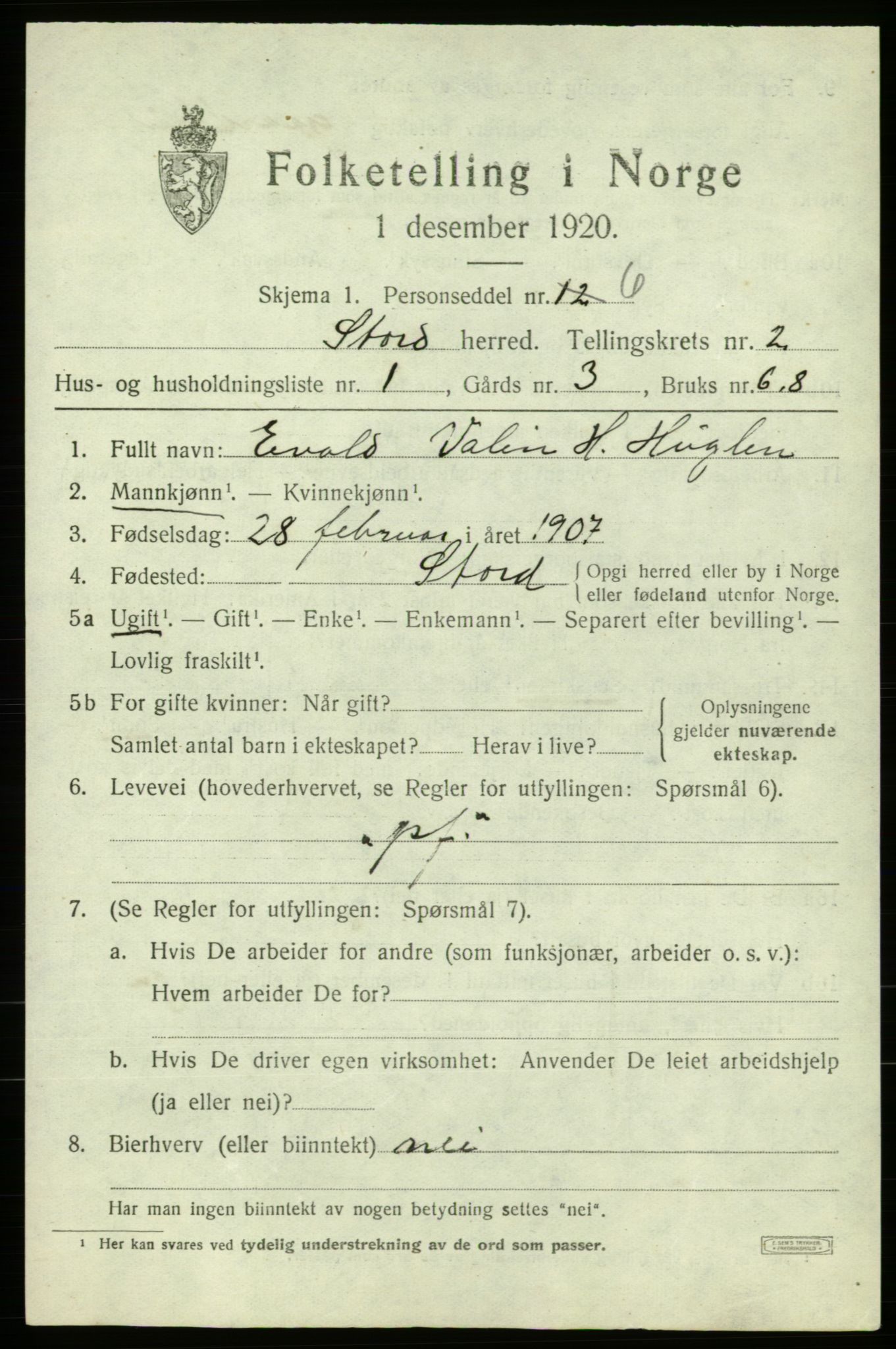 SAB, 1920 census for Stord, 1920, p. 1493