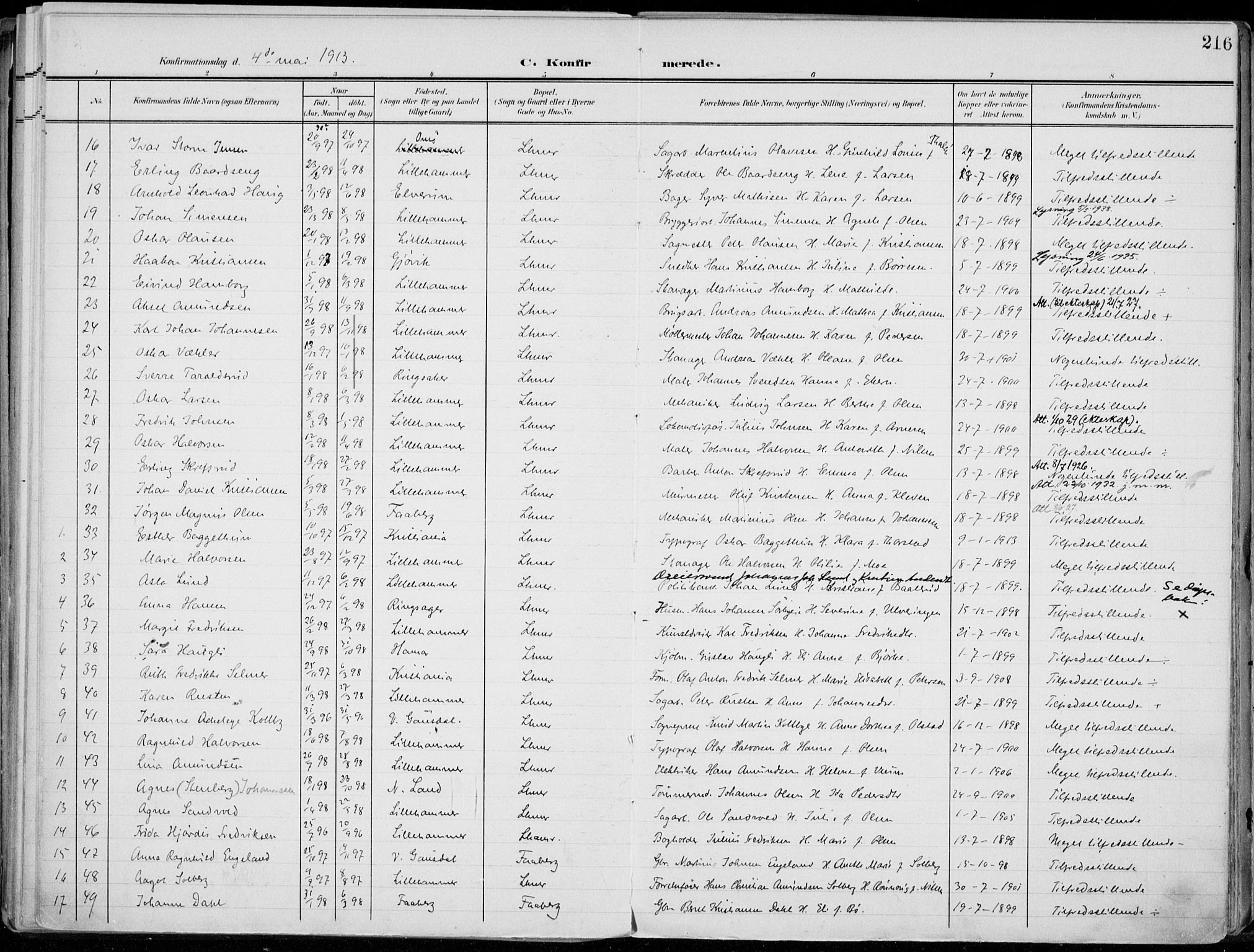Lillehammer prestekontor, SAH/PREST-088/H/Ha/Haa/L0001: Parish register (official) no. 1, 1901-1916, p. 216