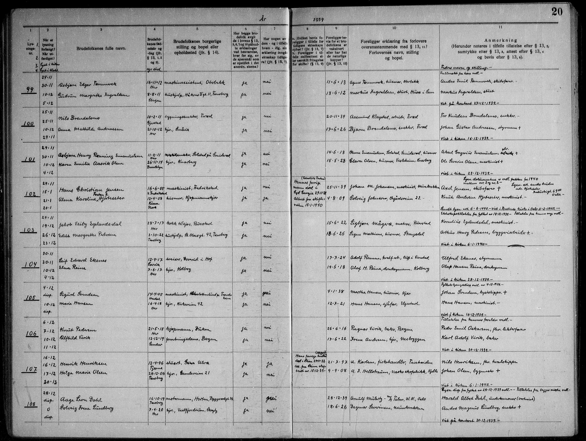 Nøtterøy kirkebøker, AV/SAKO-A-354/H/Ha/L0002: Banns register no. 2, 1937-1952, p. 20