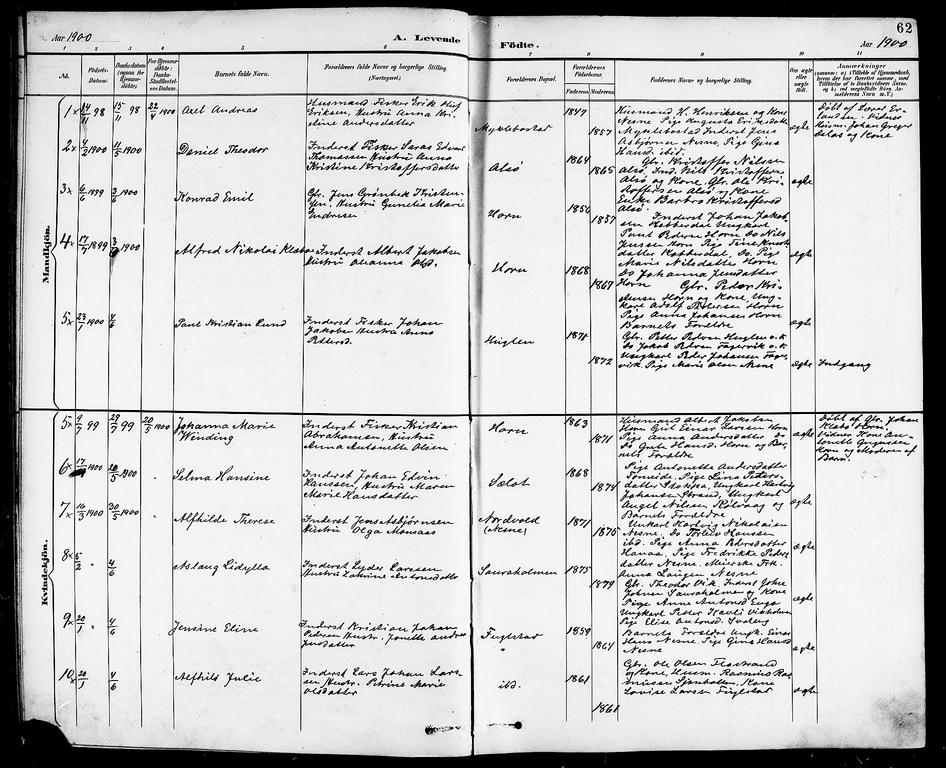 Ministerialprotokoller, klokkerbøker og fødselsregistre - Nordland, SAT/A-1459/838/L0559: Parish register (copy) no. 838C06, 1893-1910, p. 62